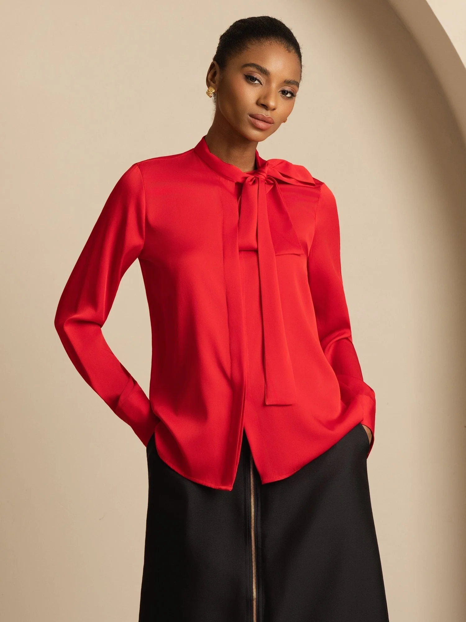 19Momme Silk Women's Tie Neck Long Sleeve Blouse - Image 14