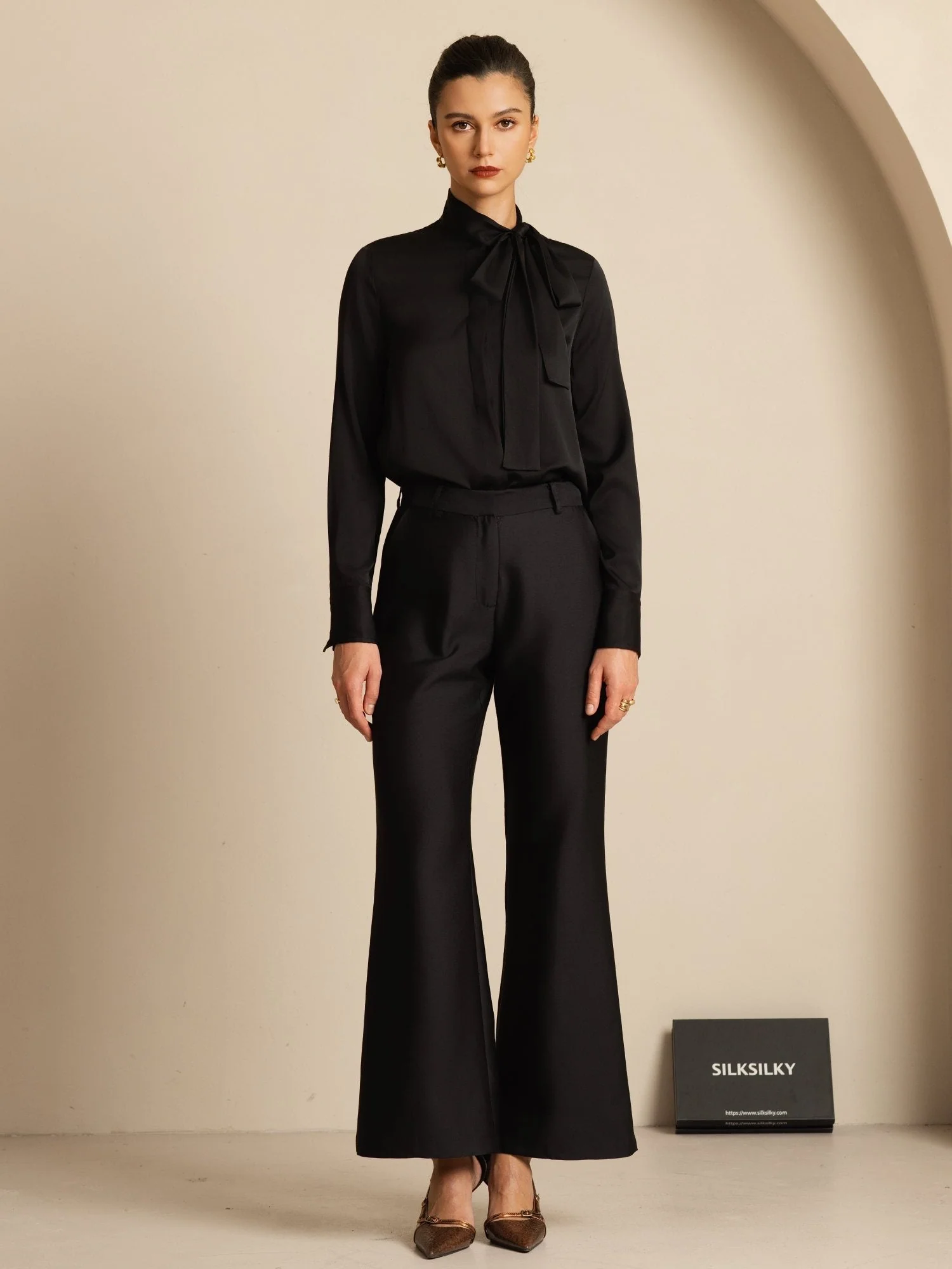 19Momme Silk Women's Tie Neck Long Sleeve Blouse - Image 7