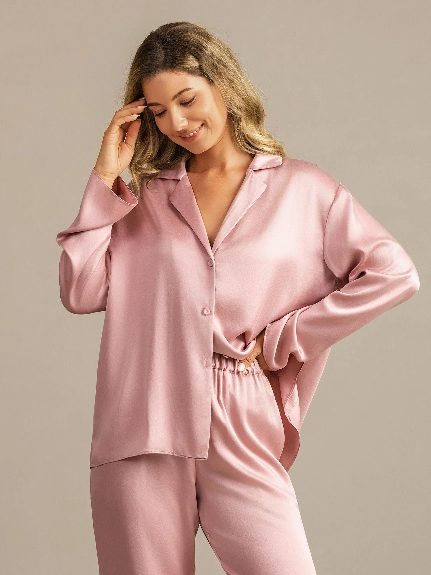 19Momme Washable Silk Long Sleeve Notch Collar Women's Pajamas Set - Image 15