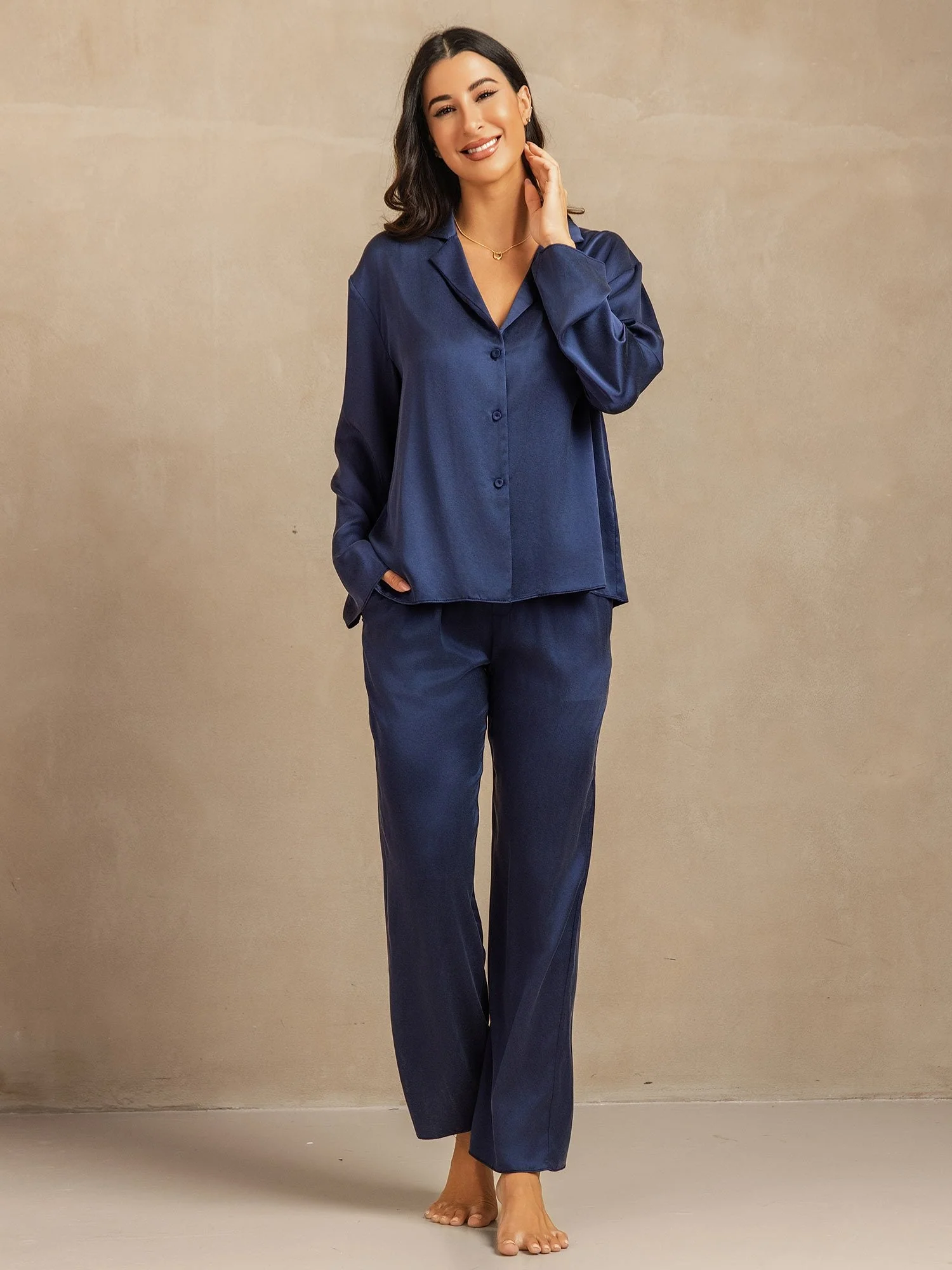 19Momme Washable Silk Long Sleeve Notch Collar Women's Pajamas Set - Image 19