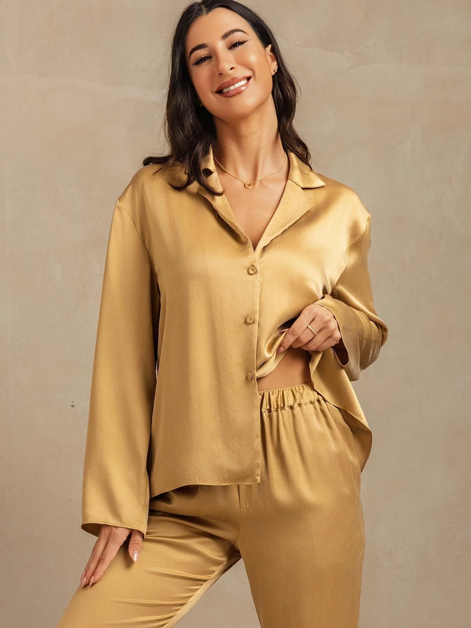 19Momme Washable Silk Long Sleeve Notch Collar Women's Pajamas Set - Image 31