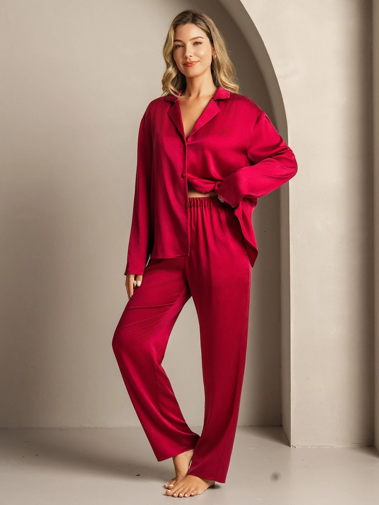 19Momme Washable Silk Long Sleeve Notch Collar Women's Pajamas Set - Image 36