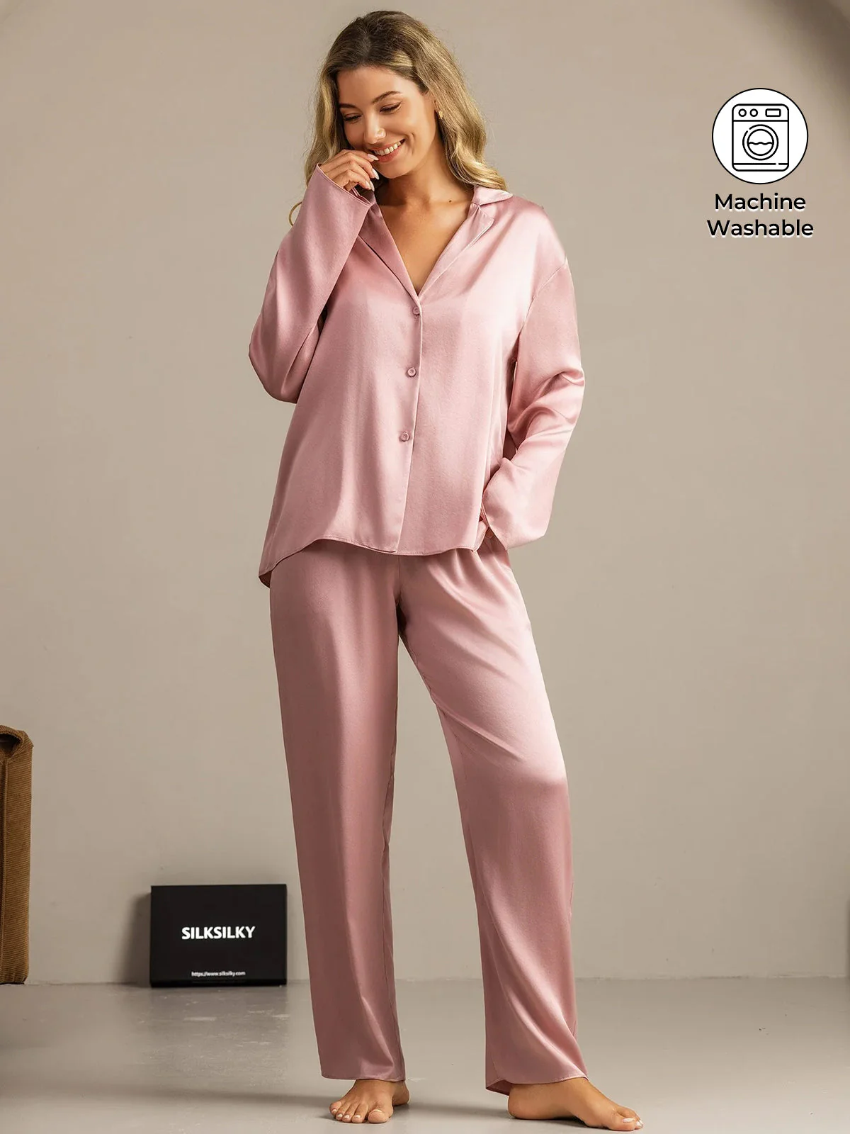 19Momme Washable Silk Long Sleeve Notch Collar Women's Pajamas Set - Image 9