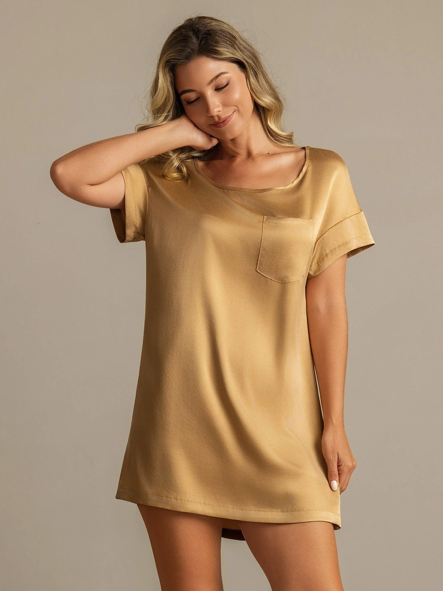 19Momme Washable Silk Short Sleeve Round Neck Short Nightdress - Image 13