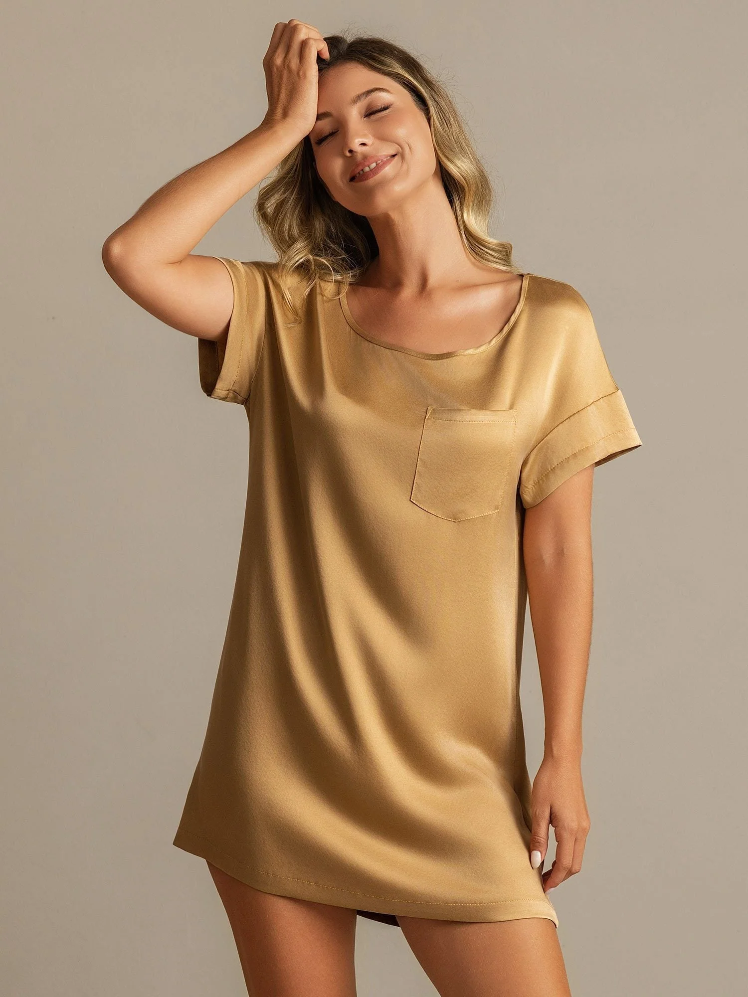 19Momme Washable Silk Short Sleeve Round Neck Short Nightdress - Image 14