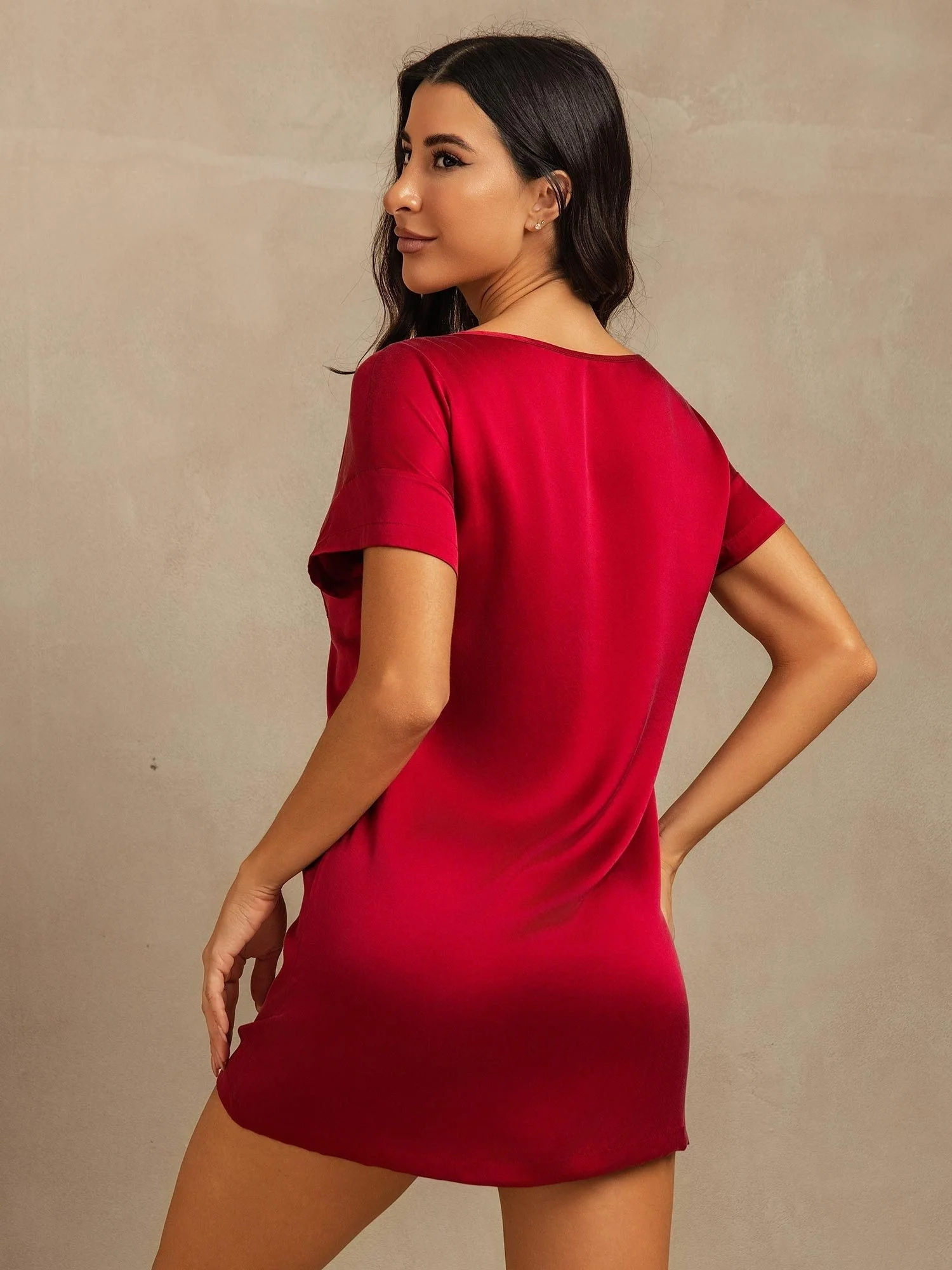 19Momme Washable Silk Short Sleeve Round Neck Short Nightdress - Image 24