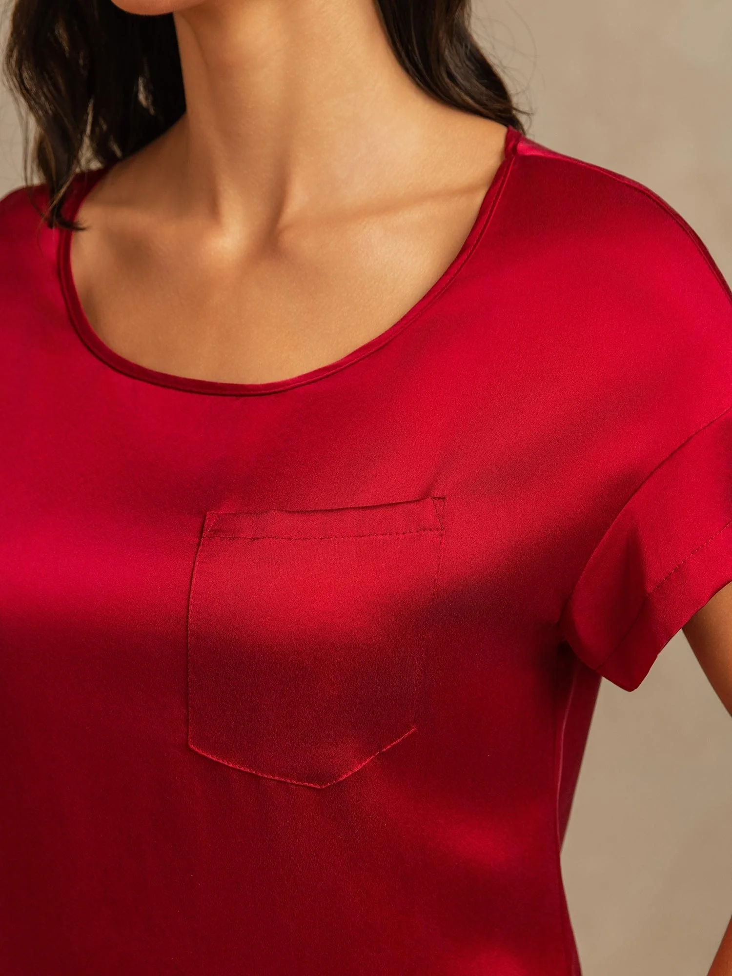 19Momme Washable Silk Short Sleeve Round Neck Short Nightdress - Image 26