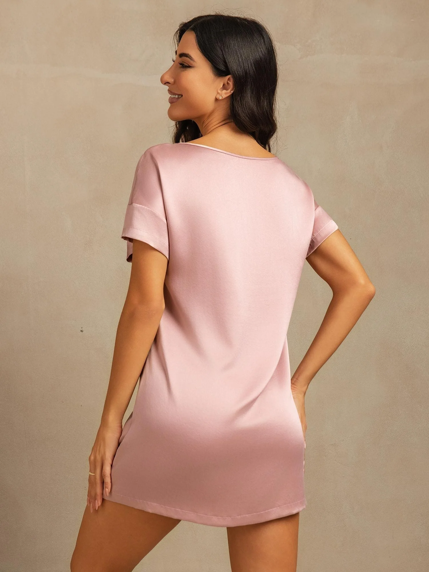 19Momme Washable Silk Short Sleeve Round Neck Short Nightdress - Image 31