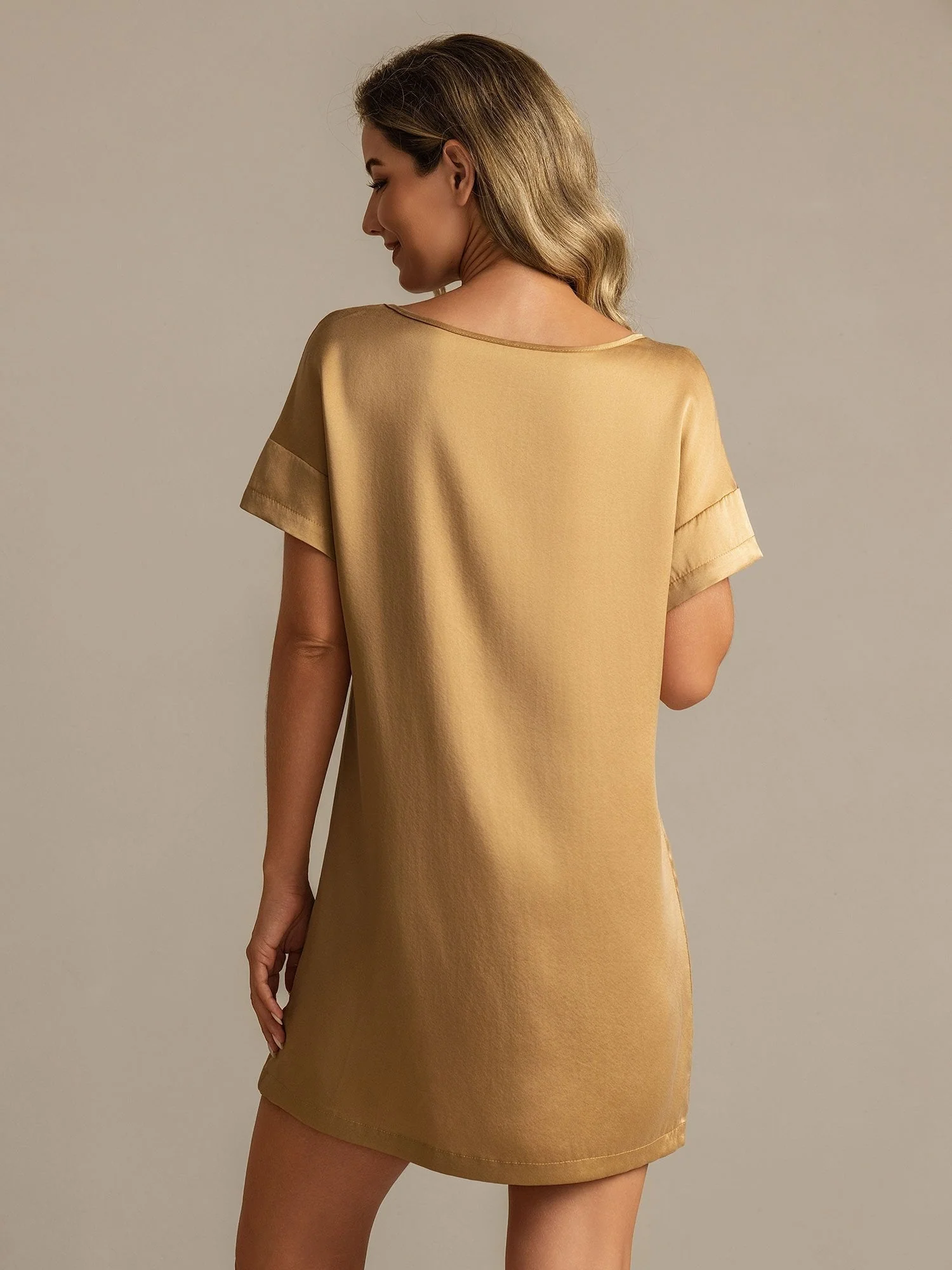 19Momme Washable Silk Short Sleeve Round Neck Short Nightdress - Image 9