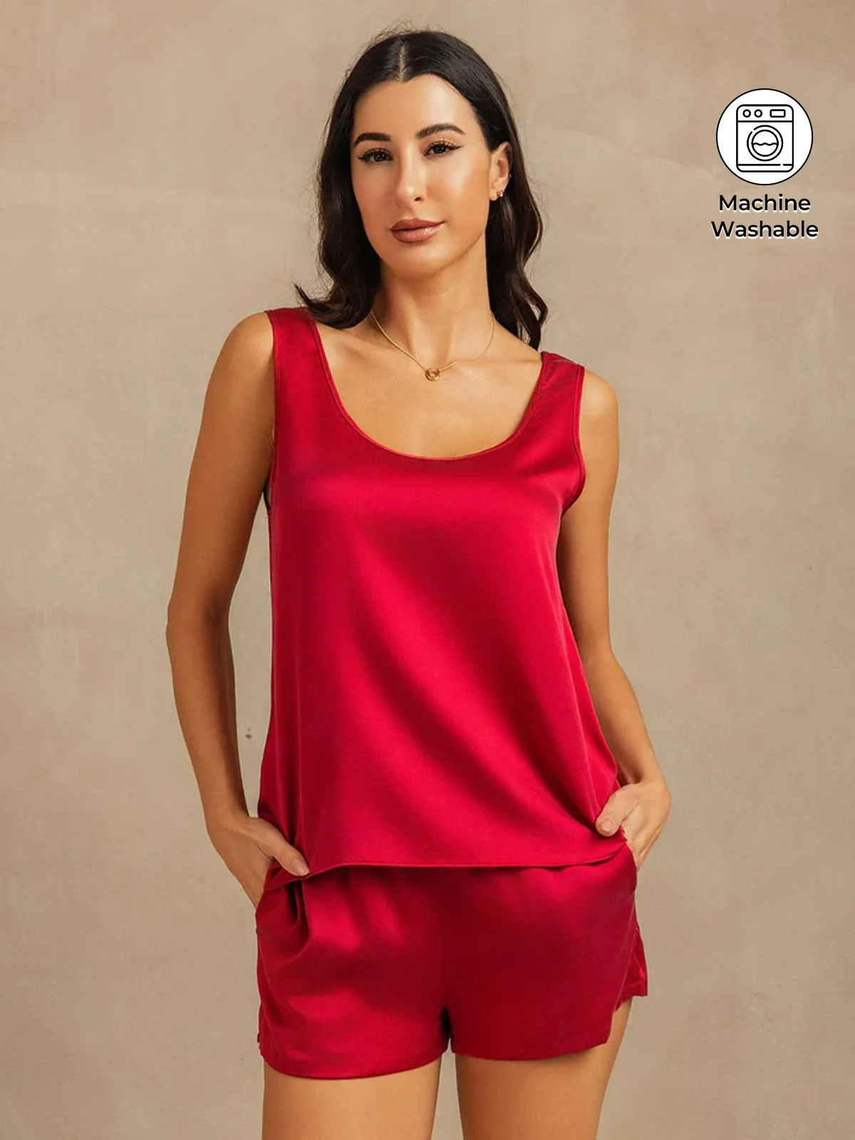 19Momme Washable Silk Tank Top & Shorts Set with Side Pocket Design - Image 29
