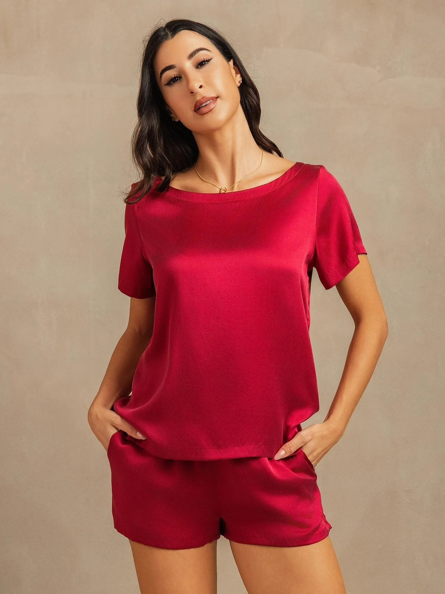 19Momme Women's Silk Short Sleeve Round Collar Pajamas Set with Side Pocket Design - Image 22