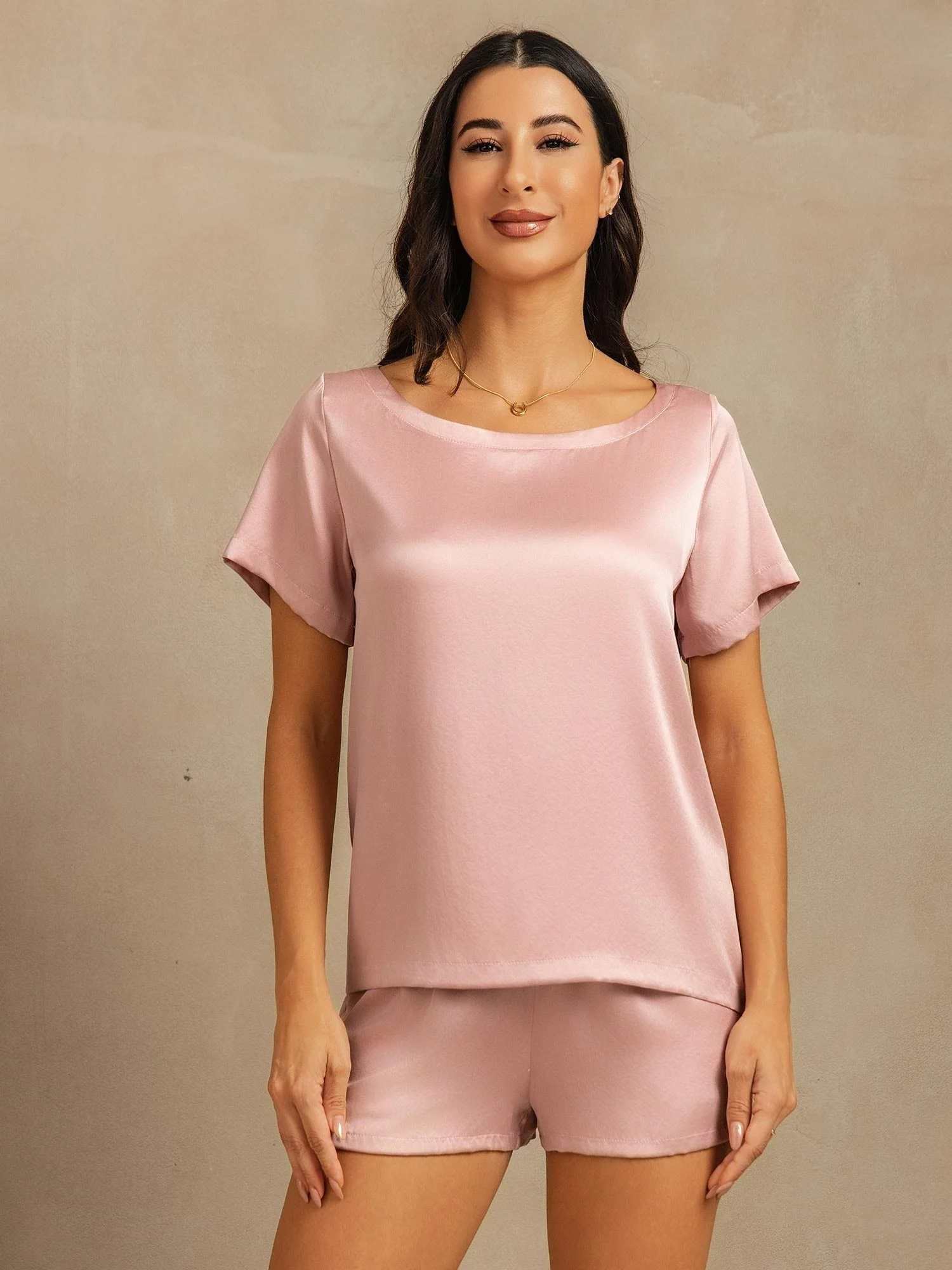 19Momme Women's Silk Short Sleeve Round Collar Pajamas Set with Side Pocket Design - Image 32