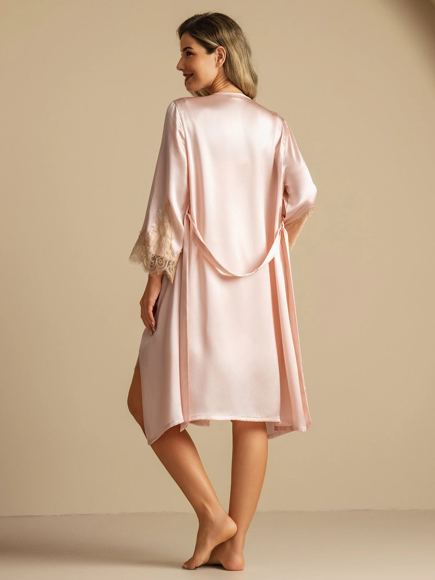 Pure Silk V Neck Short Nightdress&Dressing Gown Set with Lace Design - Image 12