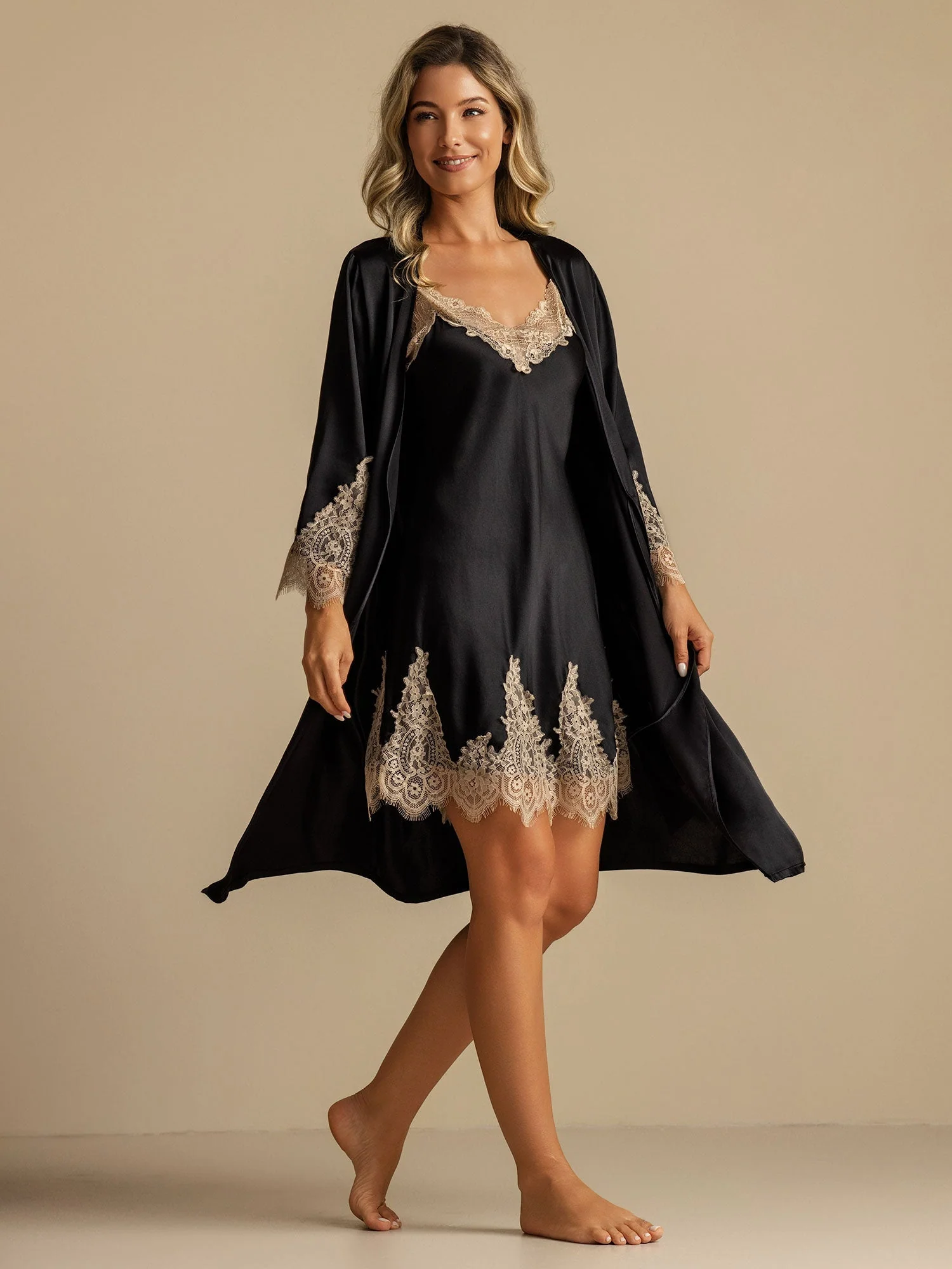 Pure Silk V Neck Short Nightdress&Dressing Gown Set with Lace Design - Image 20