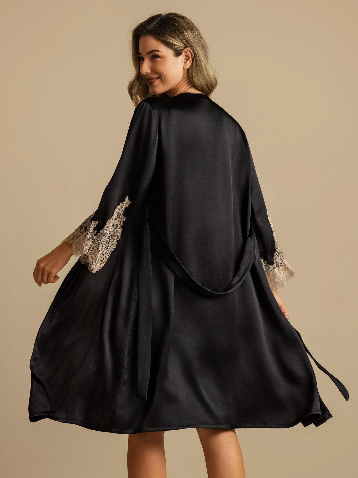 Pure Silk V Neck Short Nightdress&Dressing Gown Set with Lace Design - Image 21