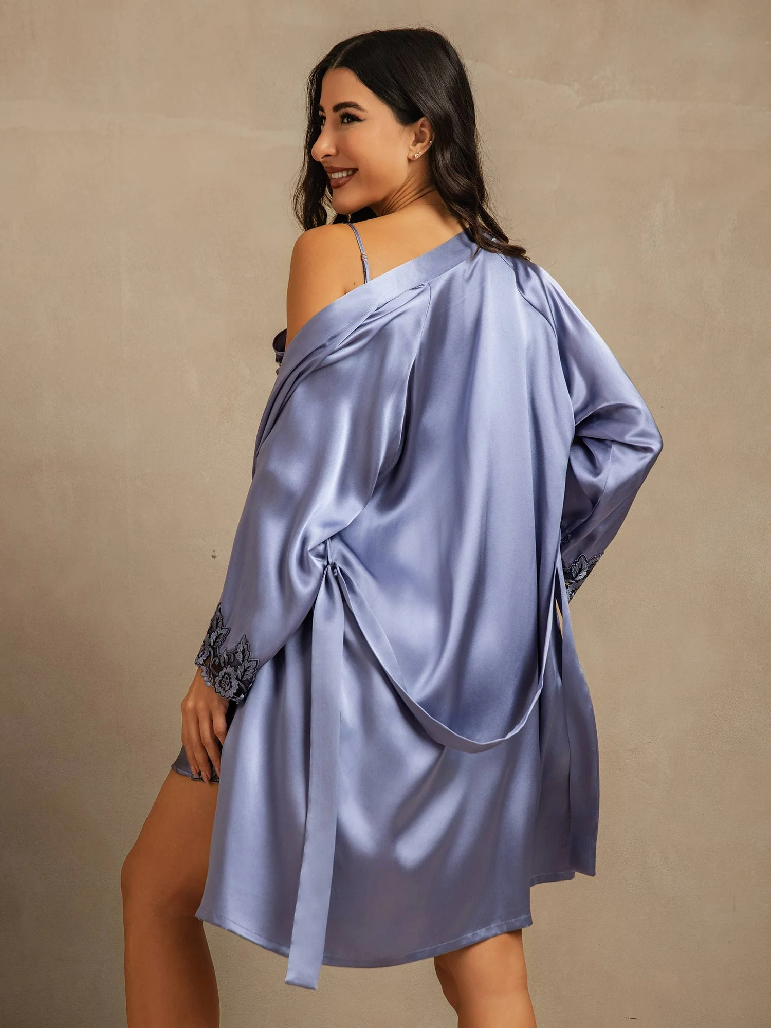 Pure Silk Spaghetti Strap Lace Nightdress&Dressing Gown Set - Image 36