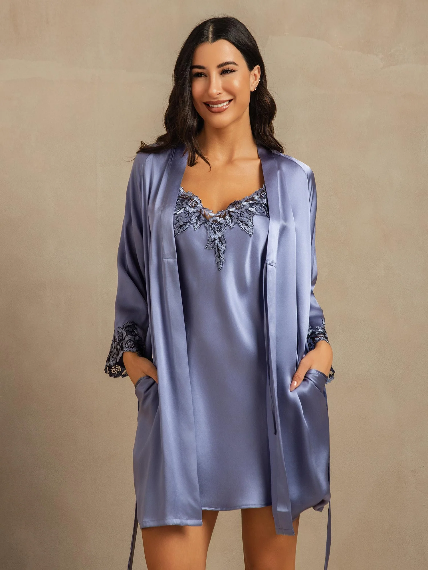 Pure Silk Spaghetti Strap Lace Nightdress&Dressing Gown Set - Image 41