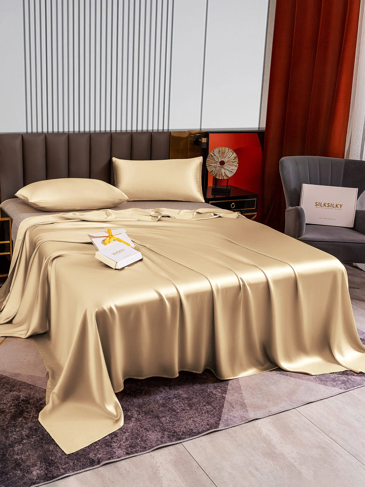 22Momme 3Pcs Silk Set Flat Sheet+2x Pillowcases - Image 54