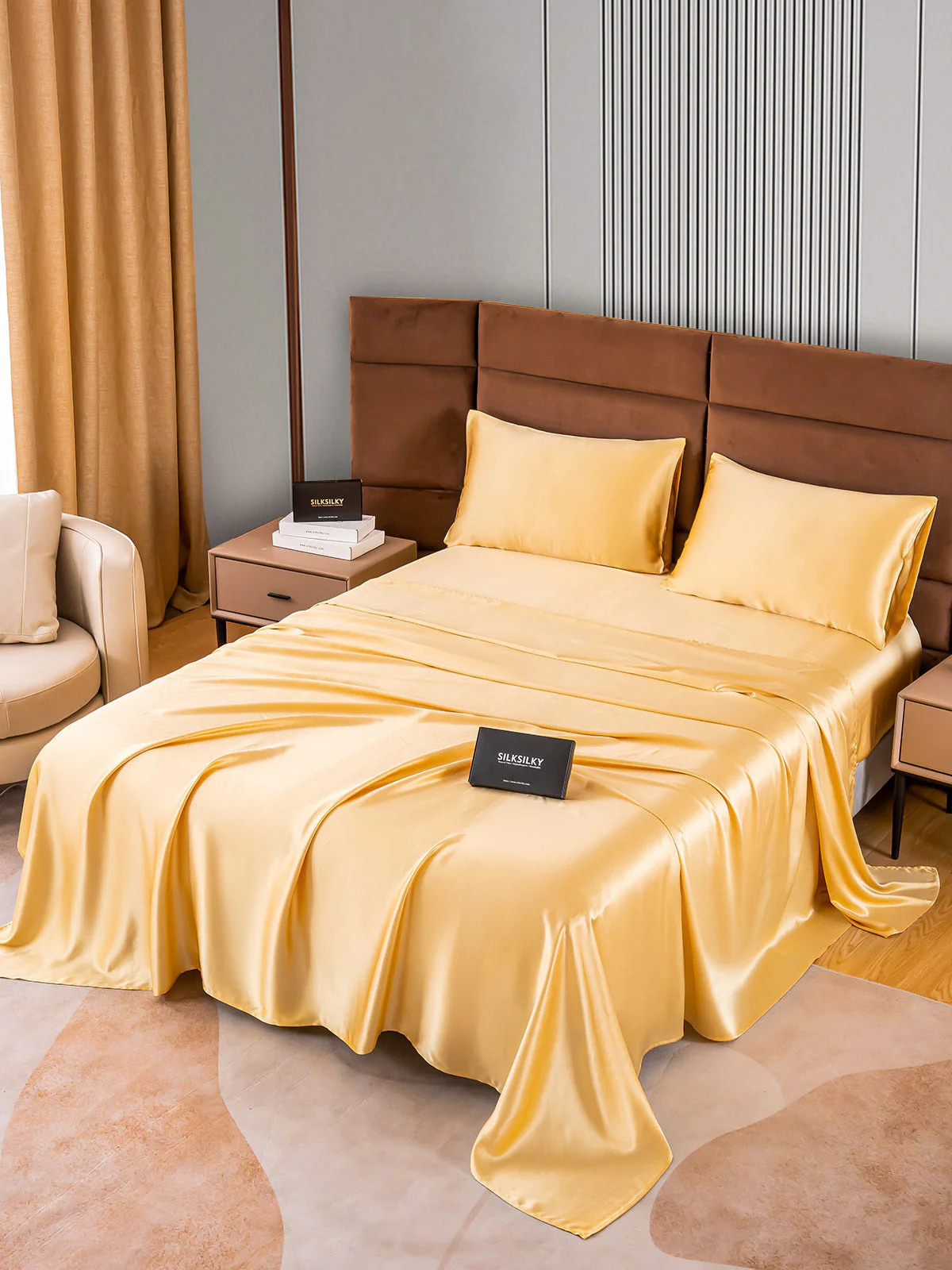 22Momme Silk 4Pcs Set Fitted&Flat Sheets+2x Pillowcases - Image 21