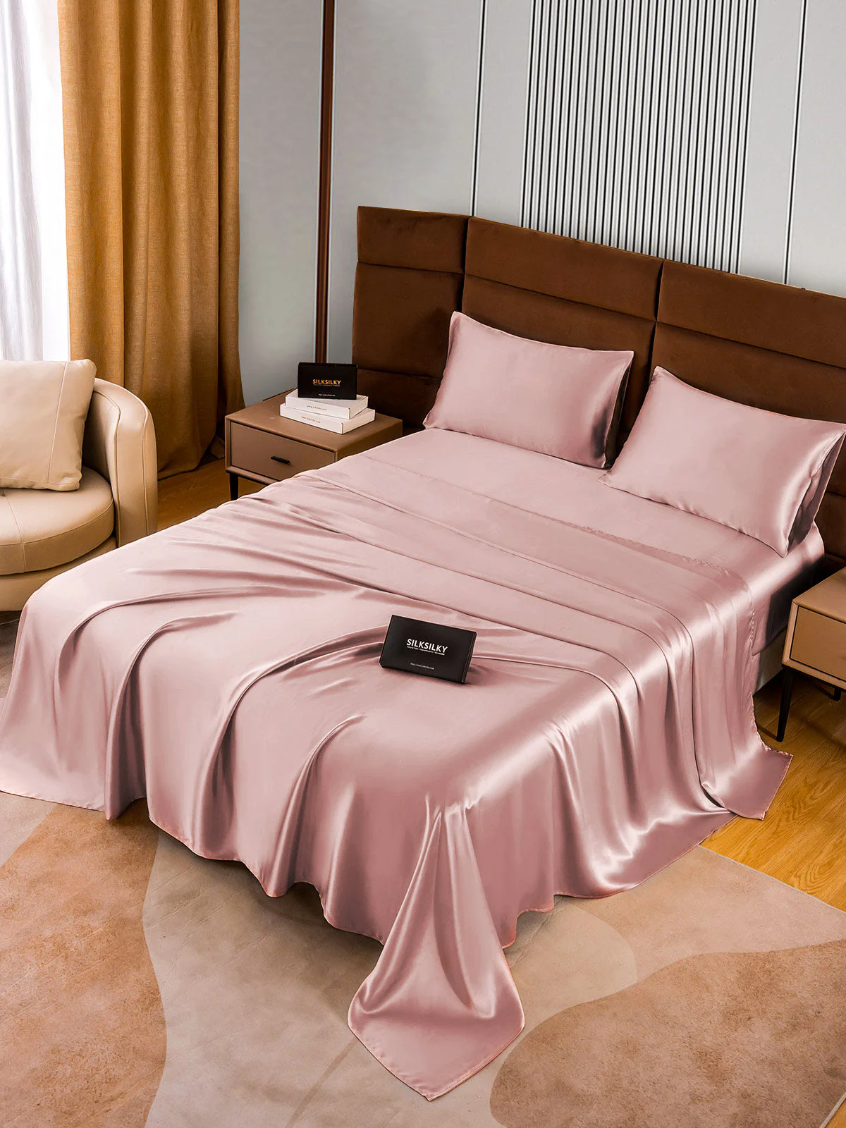 22Momme Silk 4Pcs Set Fitted&Flat Sheets+2x Pillowcases - Image 29