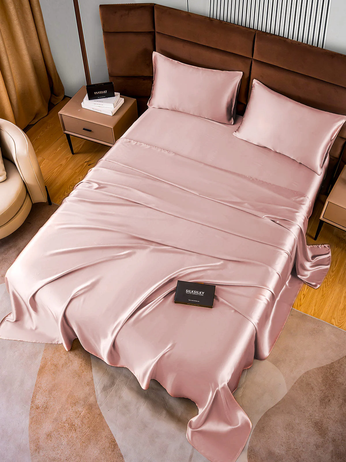 22Momme Silk 4Pcs Set Fitted&Flat Sheets+2x Pillowcases - Image 33
