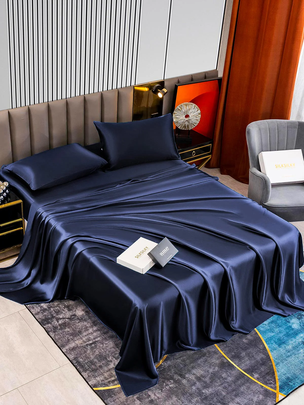 22Momme Silk 4Pcs Set Fitted&Flat Sheets+2x Pillowcases - Image 35
