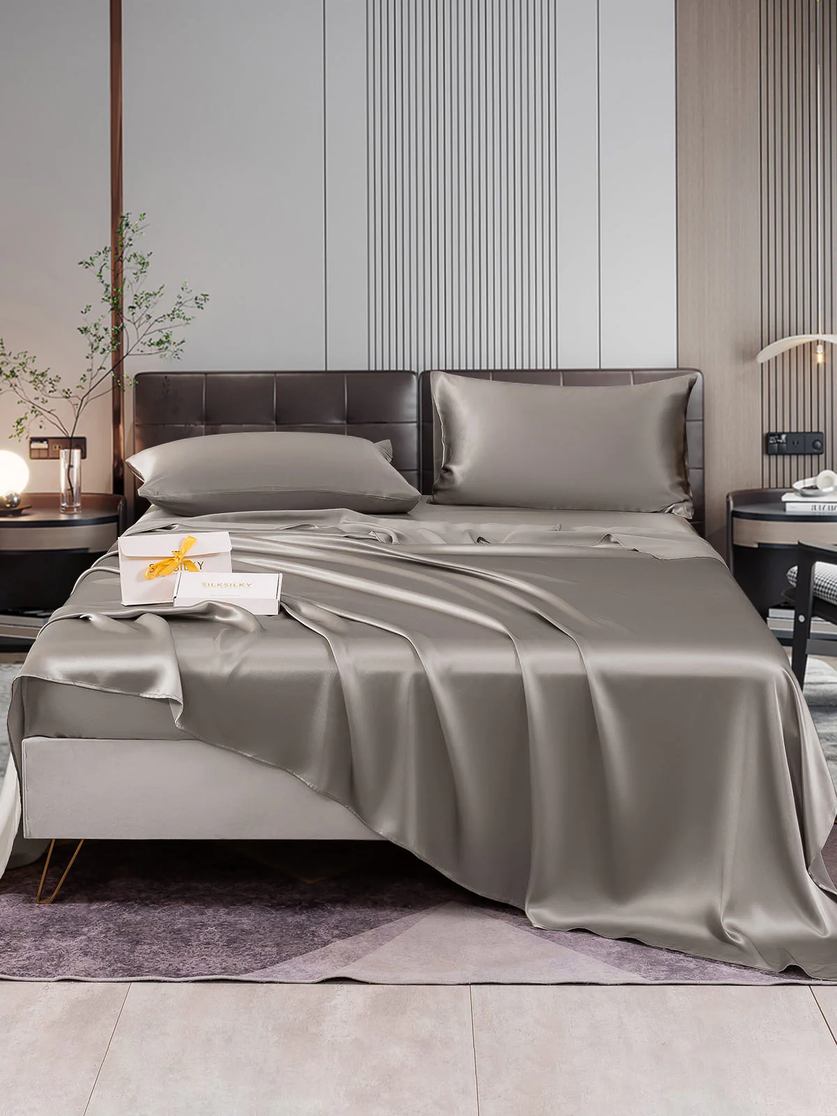 22Momme Silk 4Pcs Set Fitted&Flat Sheets+2x Pillowcases - Image 40
