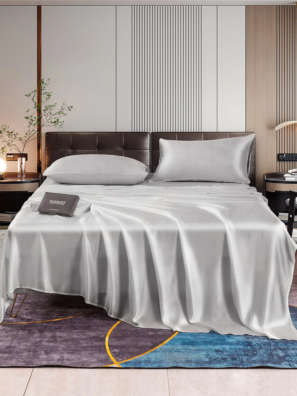 22Momme Silk 4Pcs Set Fitted&Flat Sheets+2x Pillowcases - Image 46