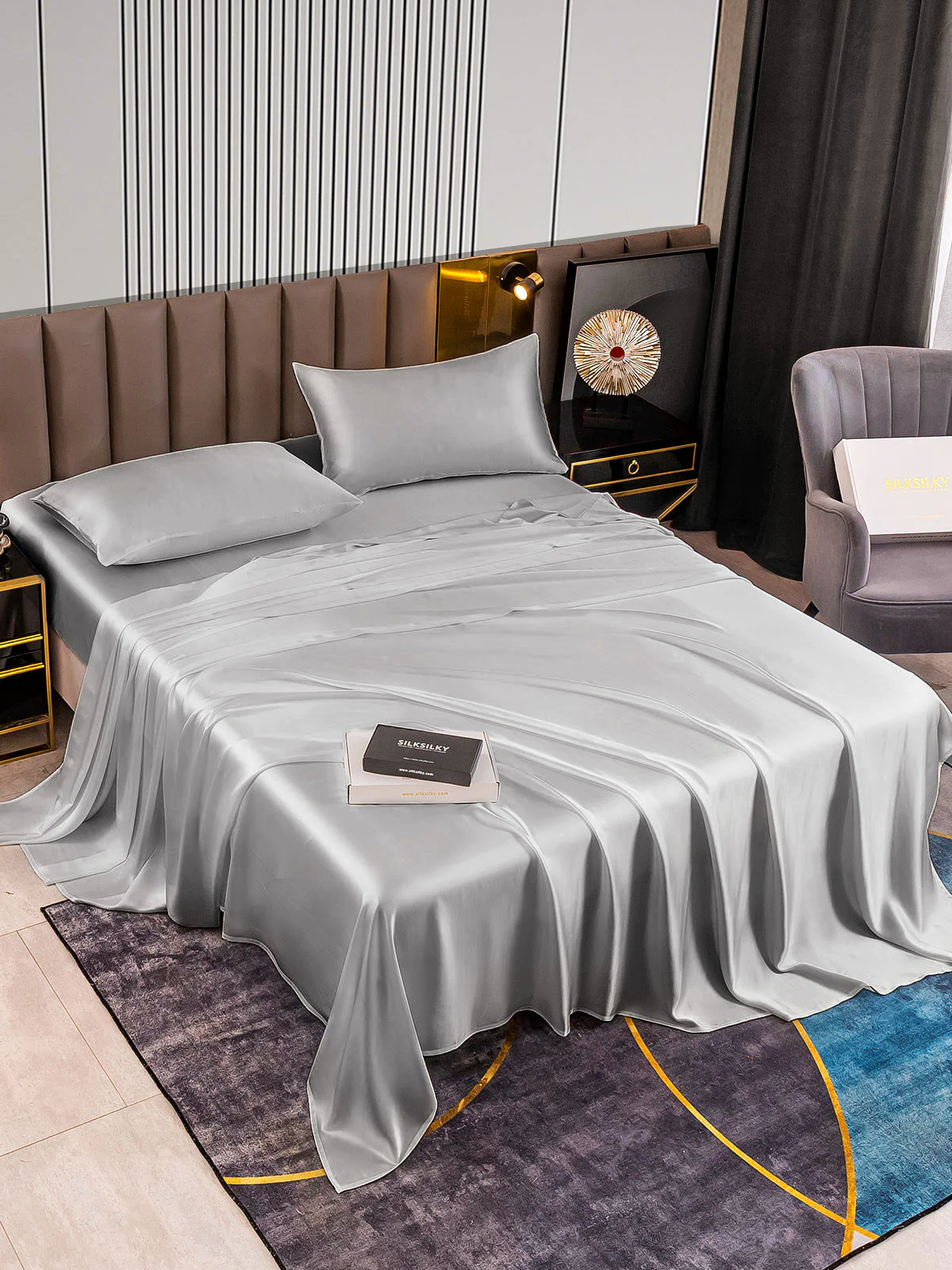 22Momme Silk 4Pcs Set Fitted&Flat Sheets+2x Pillowcases - Image 47
