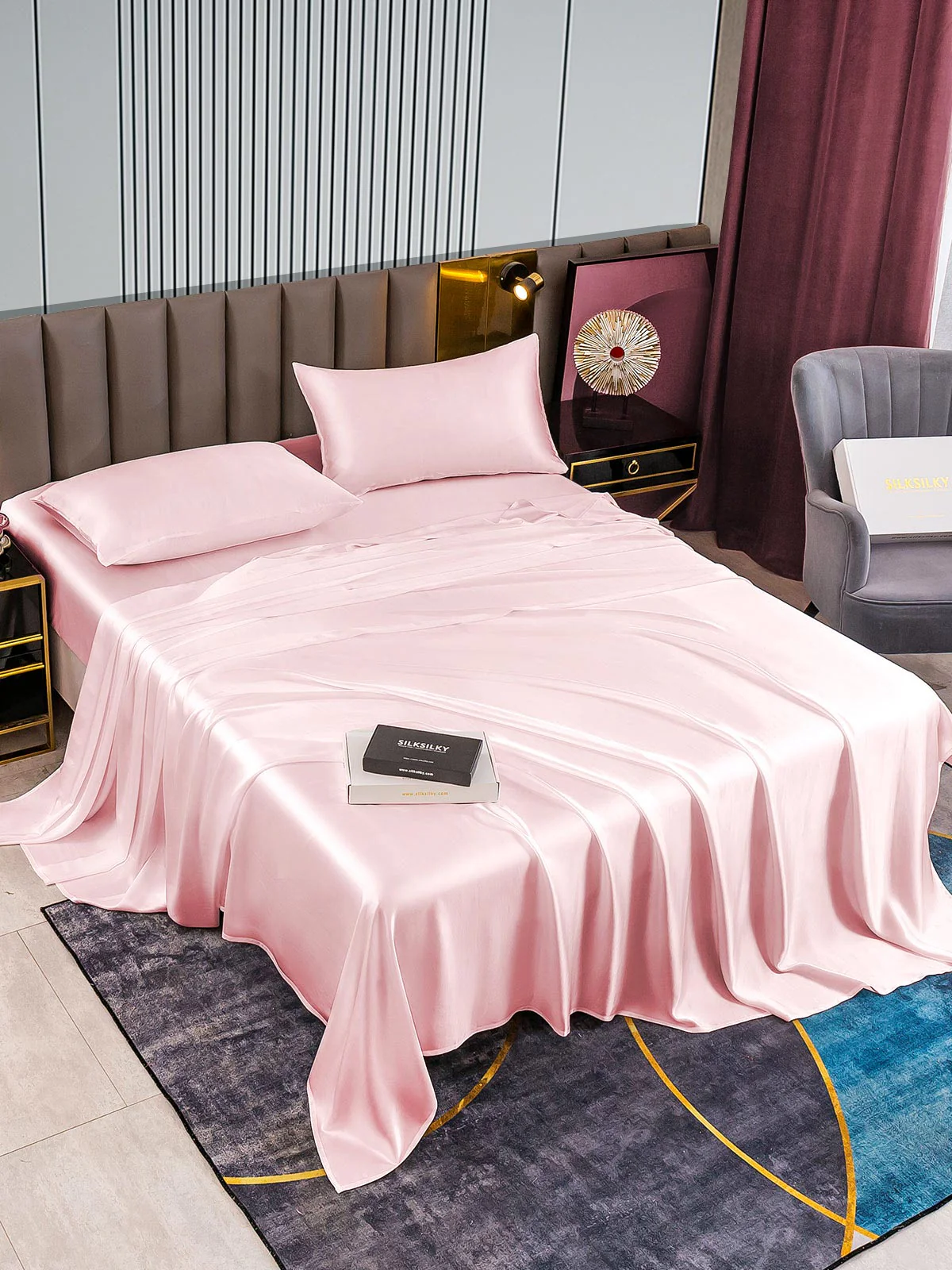 22Momme Silk 4Pcs Set Fitted&Flat Sheets+2x Pillowcases - Image 53