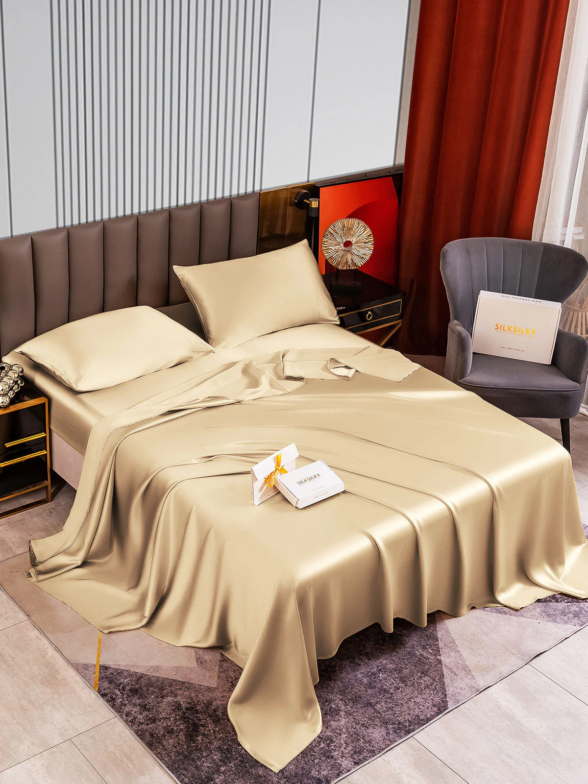22Momme Silk 4Pcs Set Fitted&Flat Sheets+2x Pillowcases - Image 59
