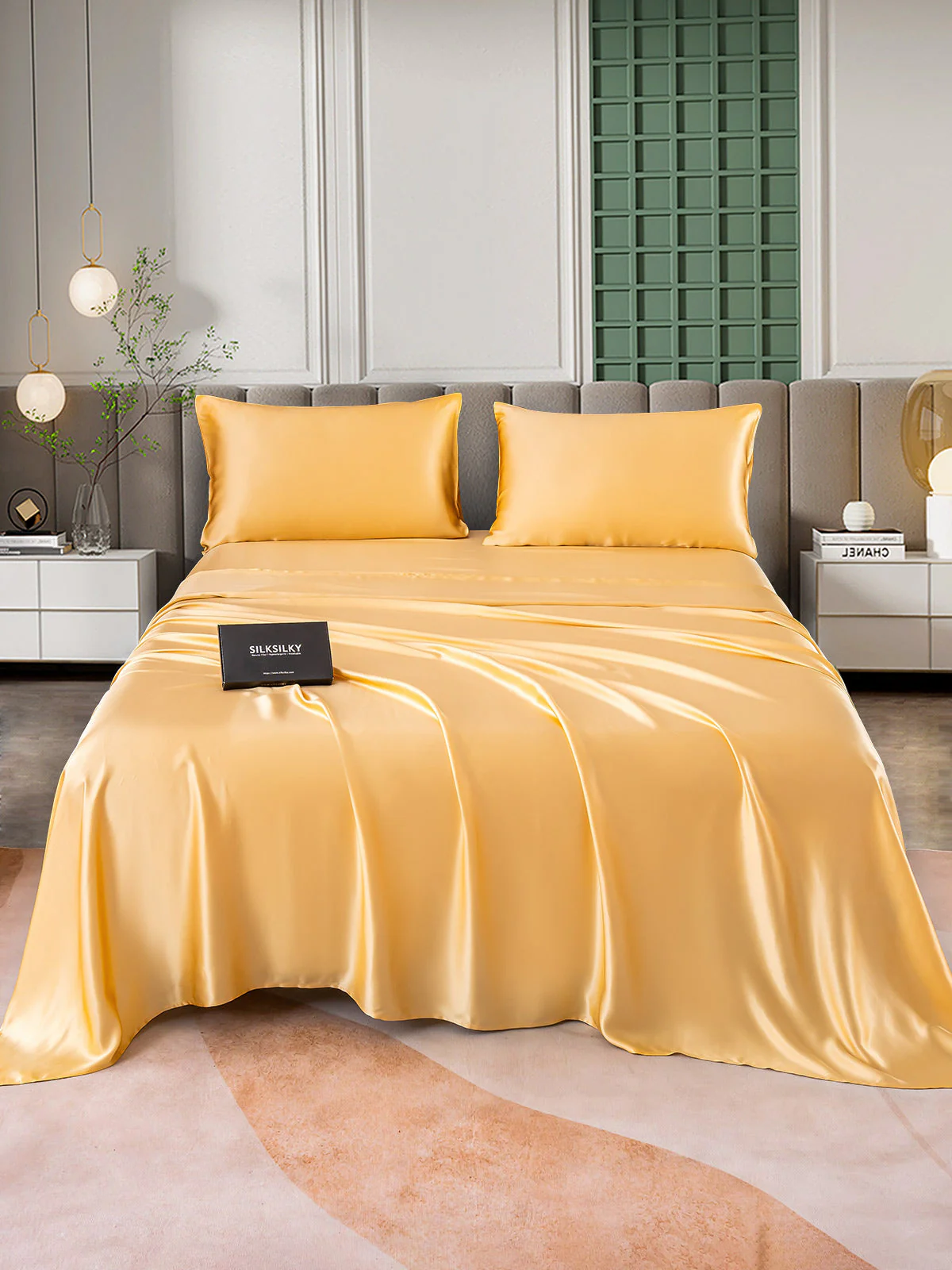 25Momme Silk 4Pcs Set Fitted&Flat Sheets+2x Pillowcases - Image 22