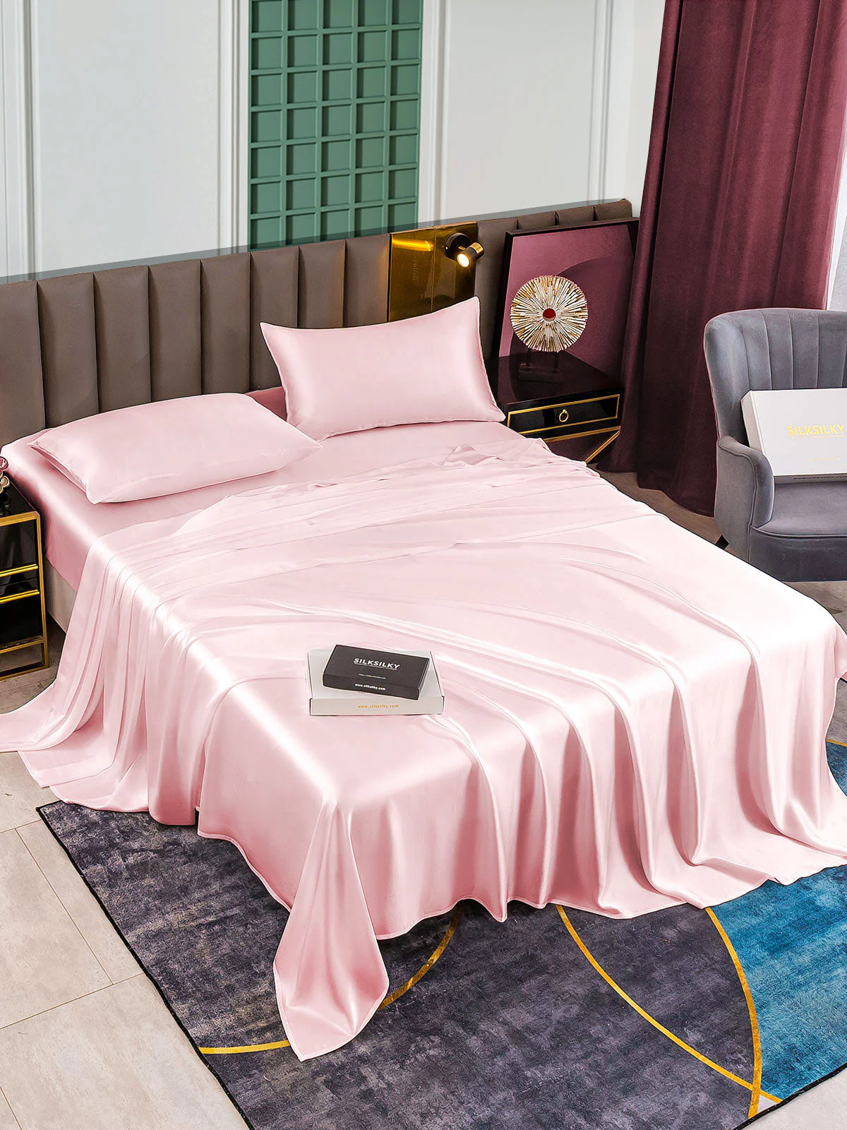 25Momme Silk 4Pcs Set Fitted&Flat Sheets+2x Pillowcases - Image 29