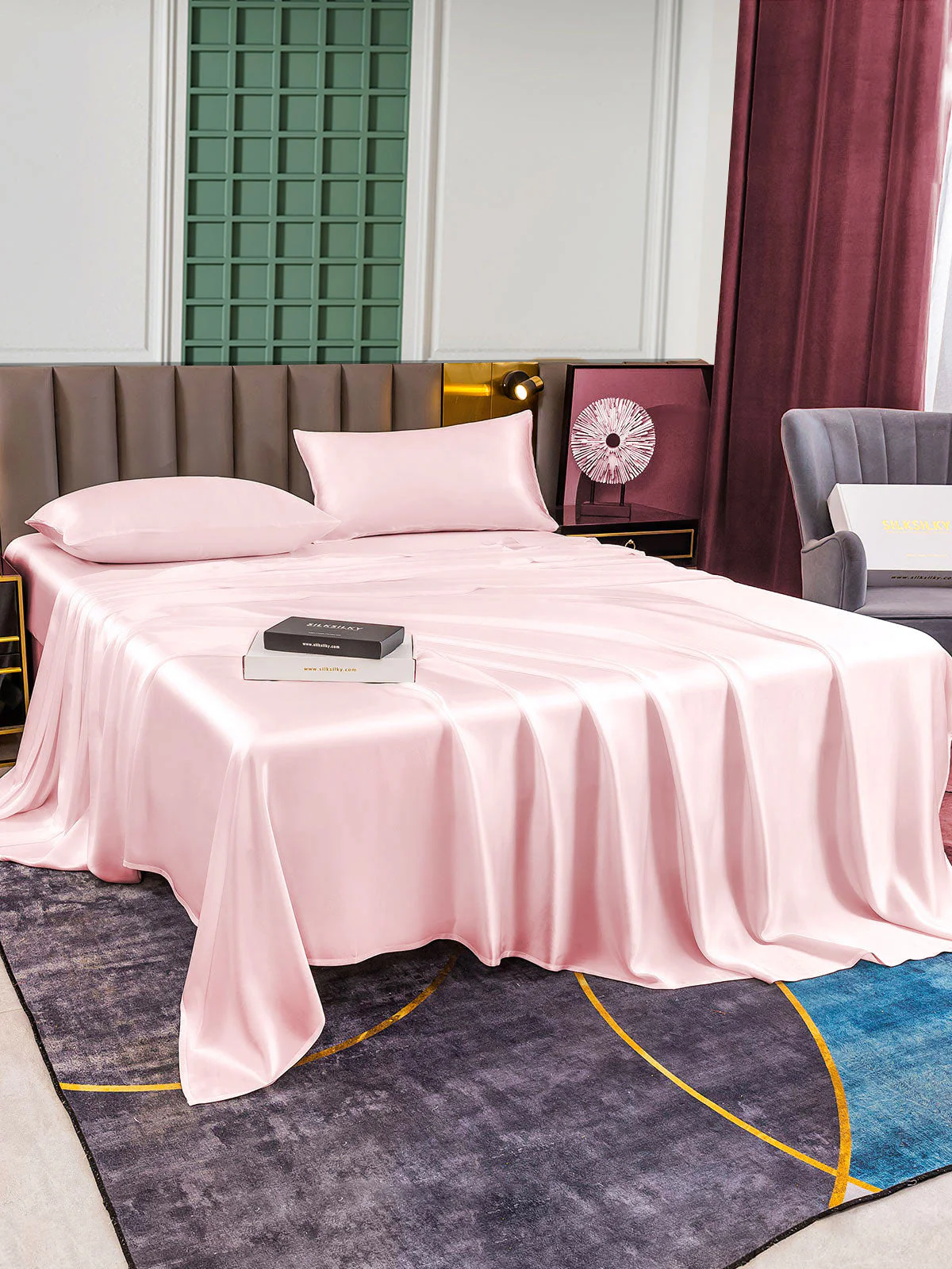 25Momme Silk 4Pcs Set Fitted&Flat Sheets+2x Pillowcases - Image 32