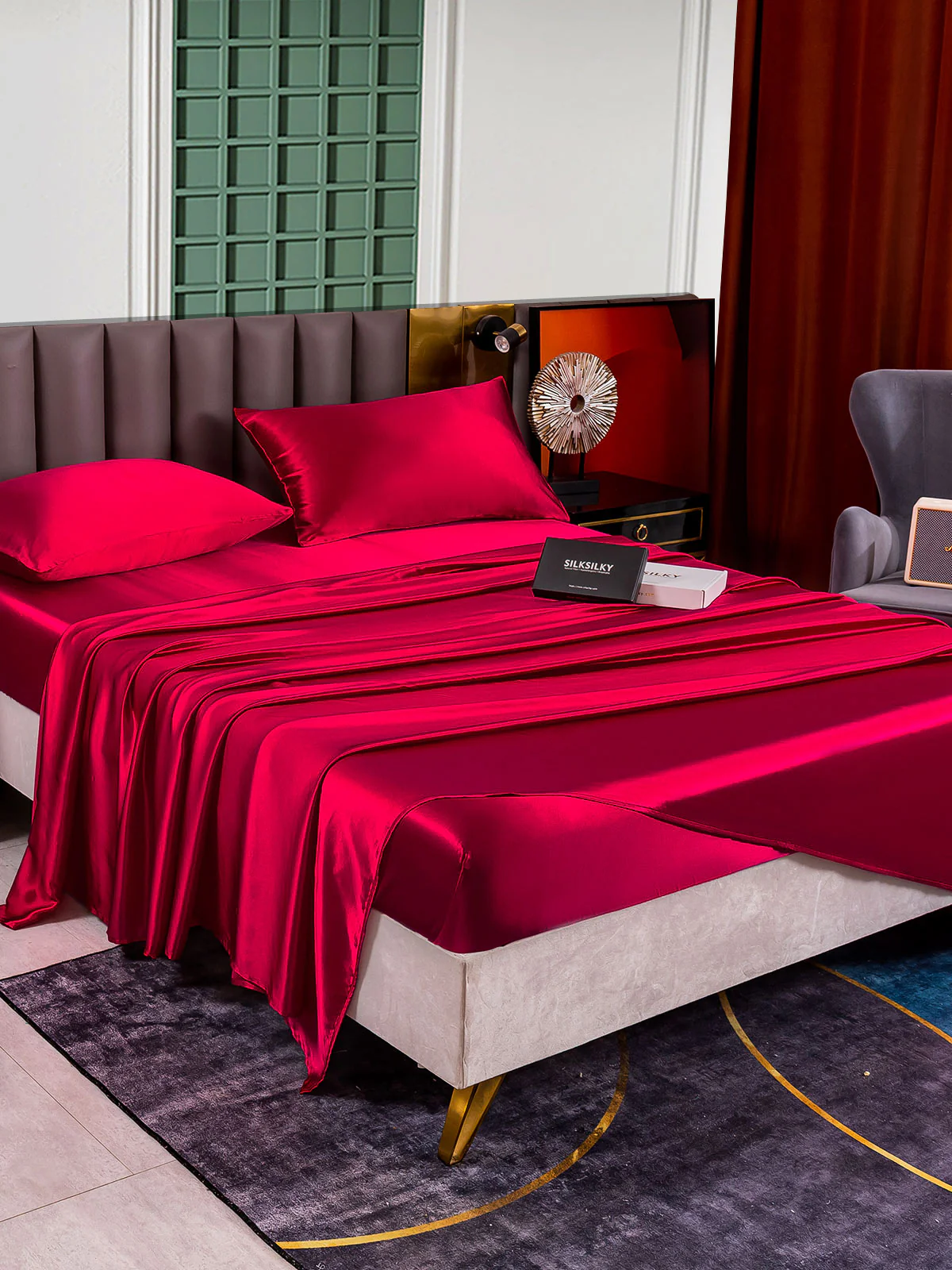 25Momme Silk 4Pcs Set Fitted&Flat Sheets+2x Pillowcases - Image 44