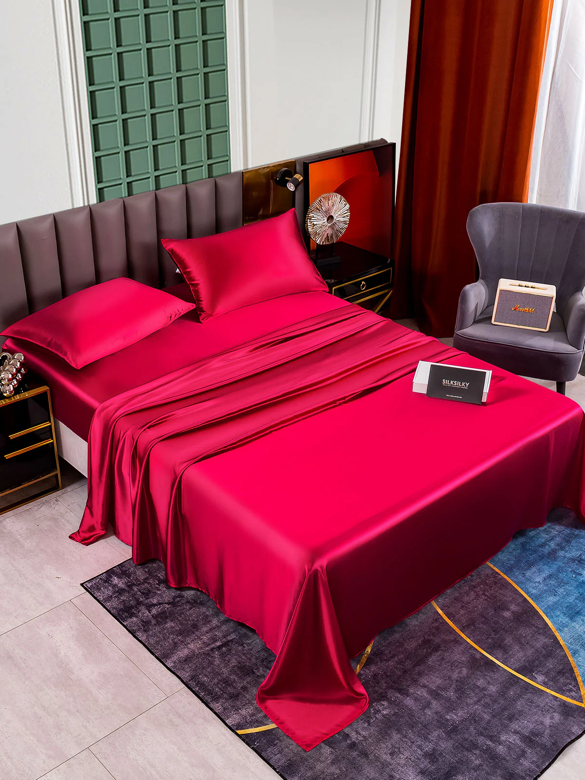 25Momme Silk 4Pcs Set Fitted&Flat Sheets+2x Pillowcases - Image 45