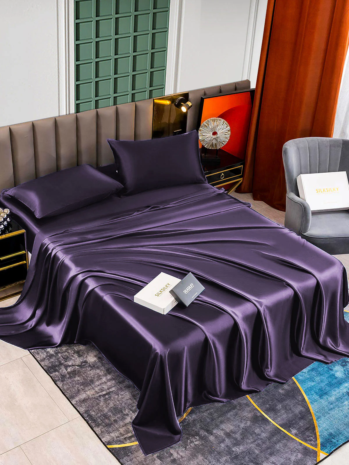 25Momme Silk 4Pcs Set Fitted&Flat Sheets+2x Pillowcases - Image 52