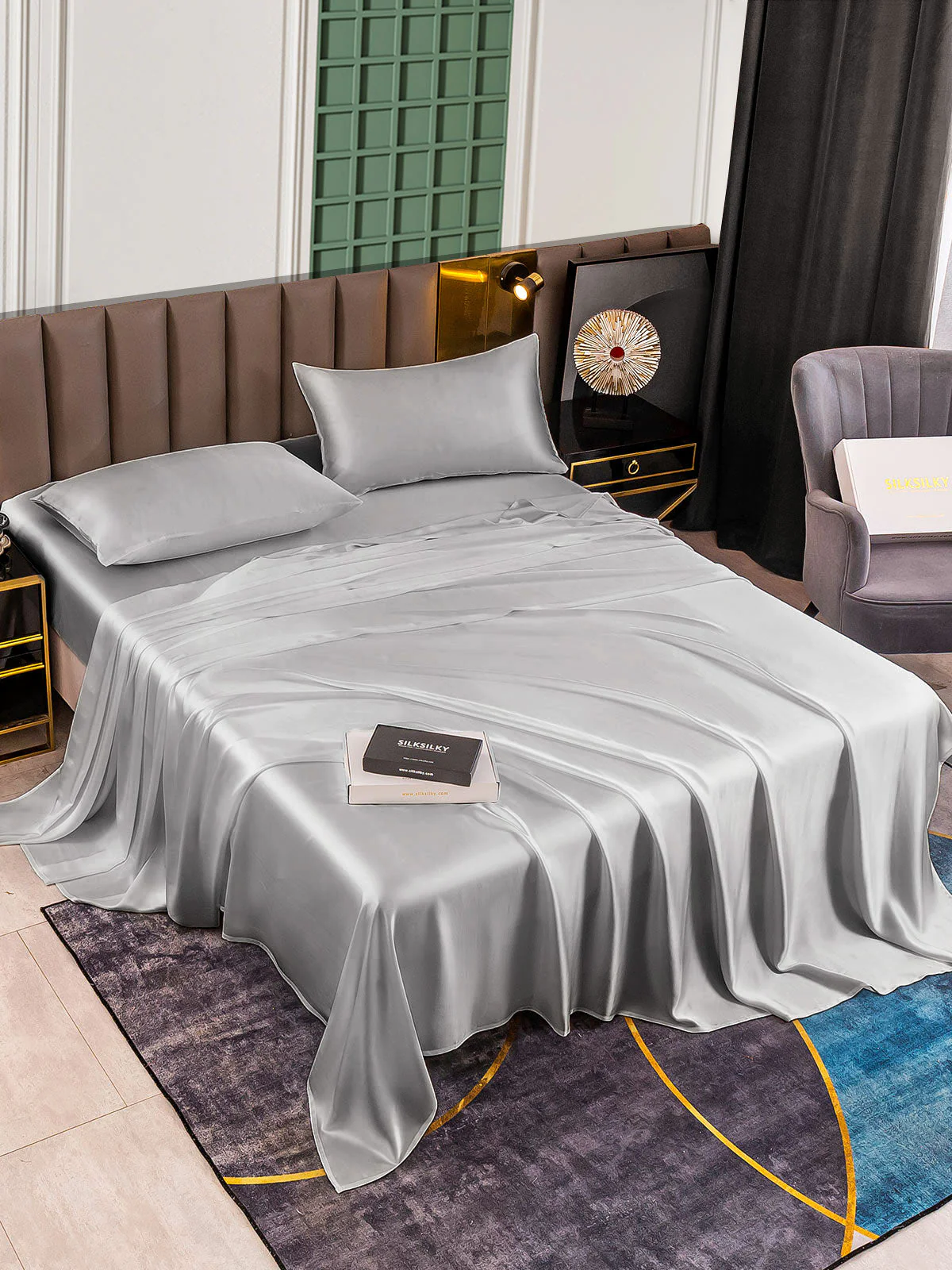 25Momme Silk 4Pcs Set Fitted&Flat Sheets+2x Pillowcases - Image 54
