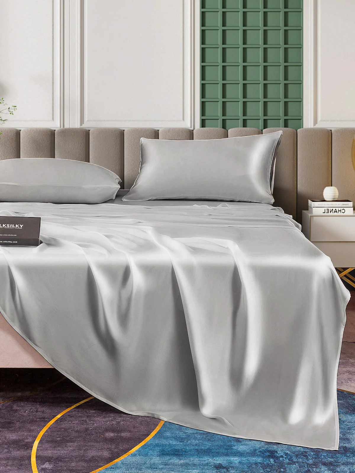 25Momme Silk 4Pcs Set Fitted&Flat Sheets+2x Pillowcases - Image 58