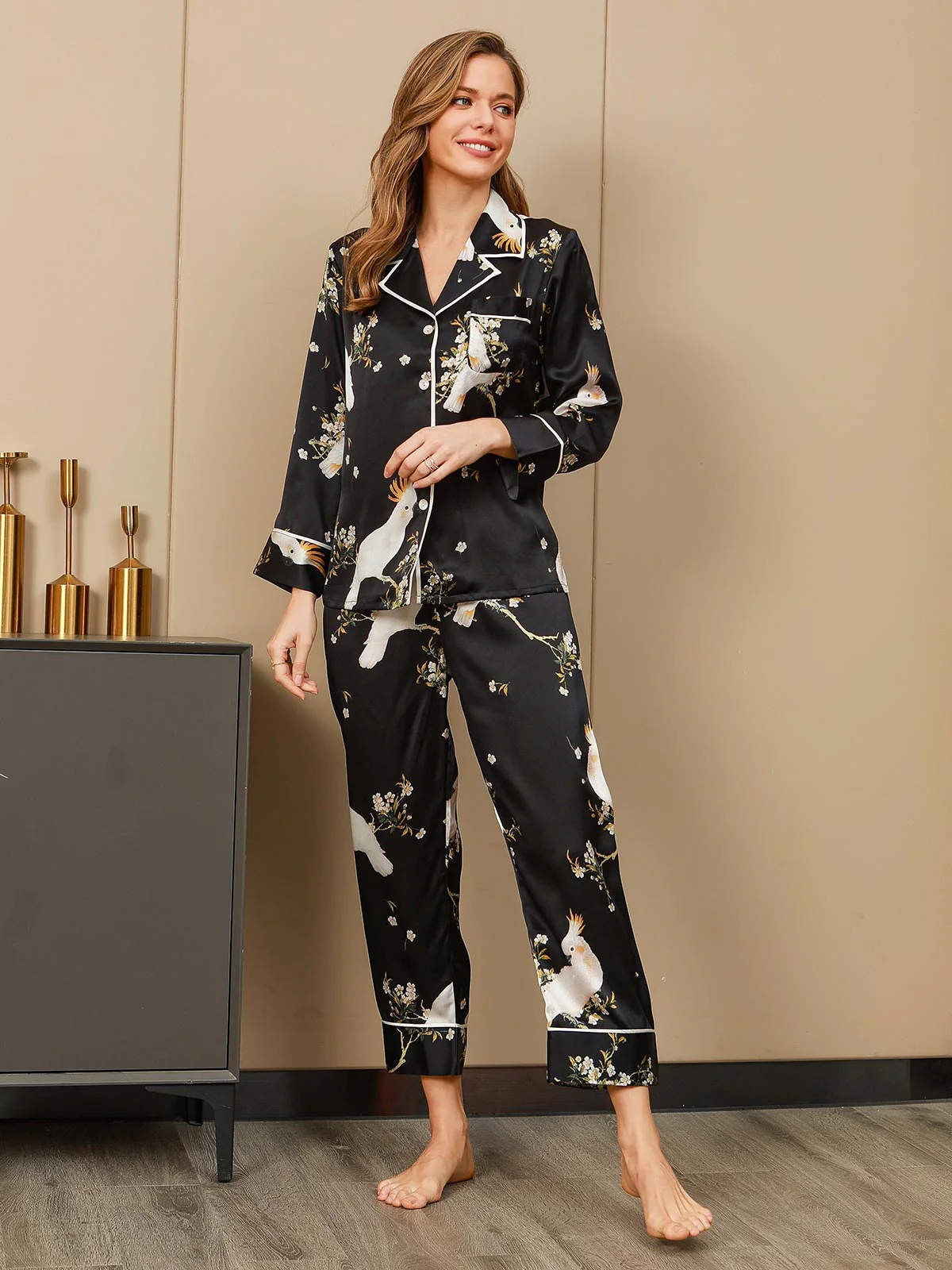Women's Pure Silk Floral Print Long Sleeve Pyjamas Set With Pants - Image 10