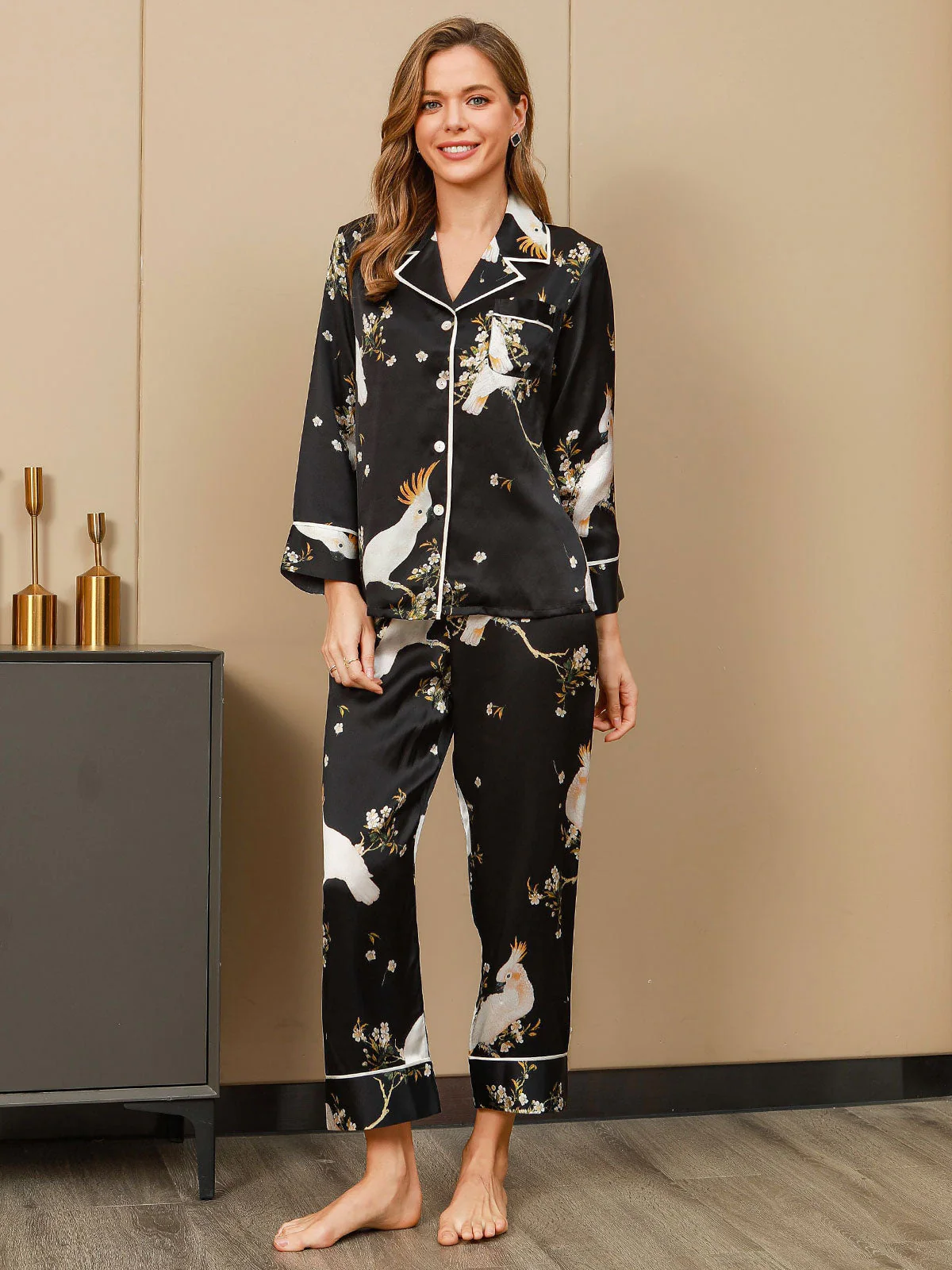 Women's Pure Silk Floral Print Long Sleeve Pyjamas Set With Pants - Image 11