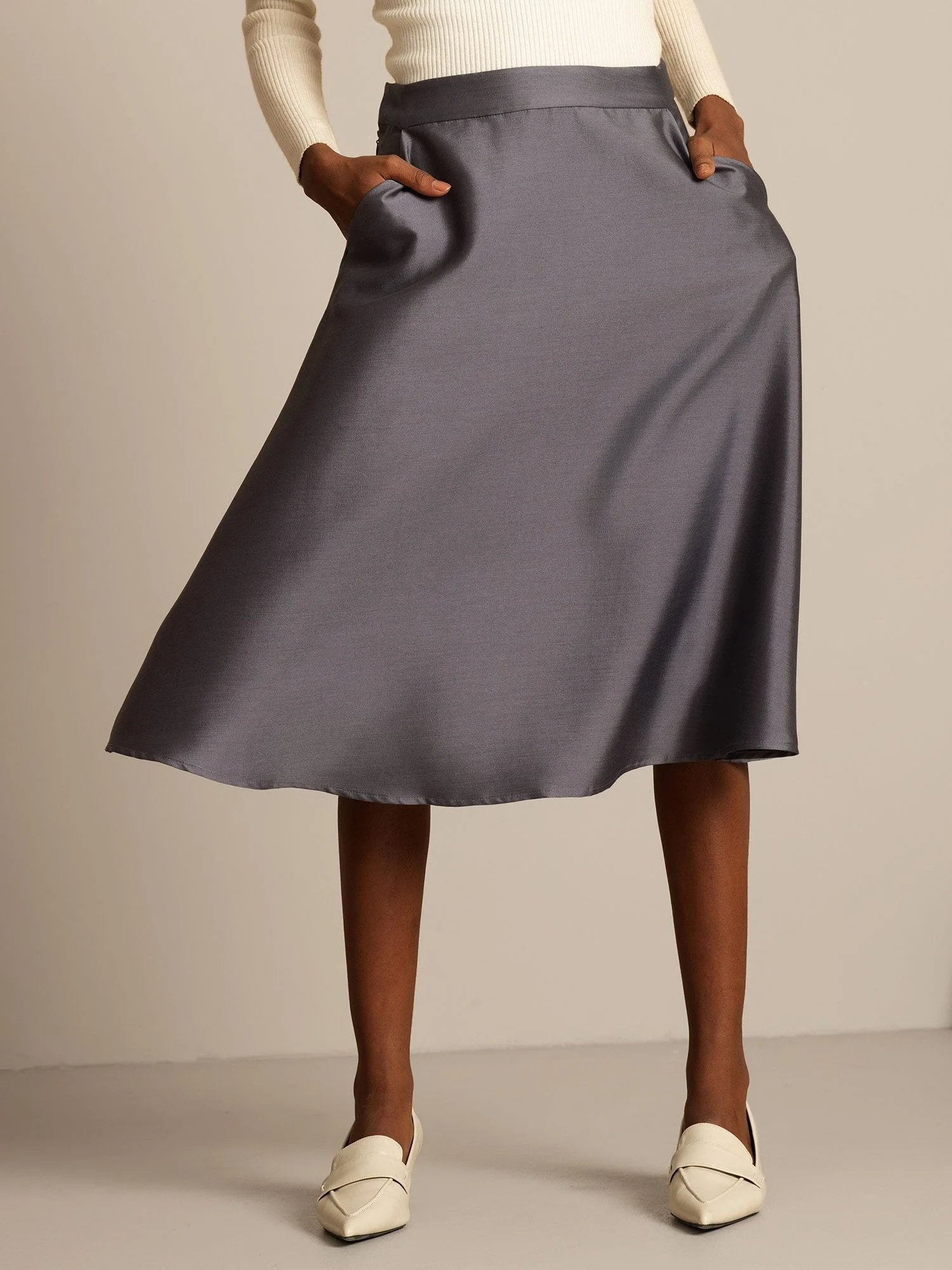 32Momme Silk-Wool Blend  A Line Midi Skirt with Zipper Deign - Image 11