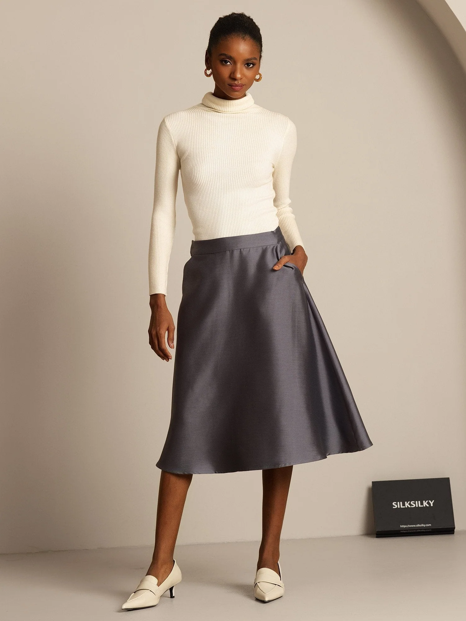32Momme Silk-Wool Blend  A Line Midi Skirt with Zipper Deign - Image 14