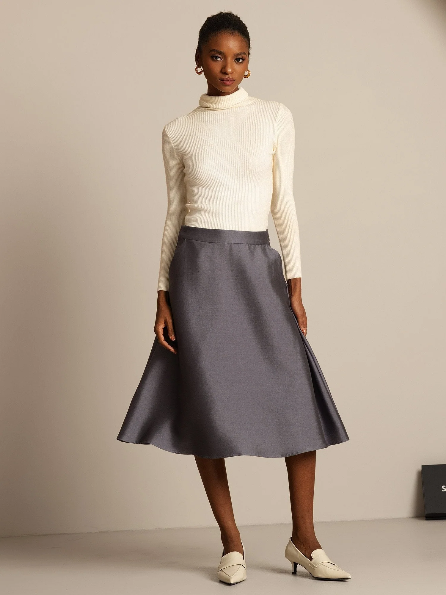 32Momme Silk-Wool Blend  A Line Midi Skirt with Zipper Deign - Image 15