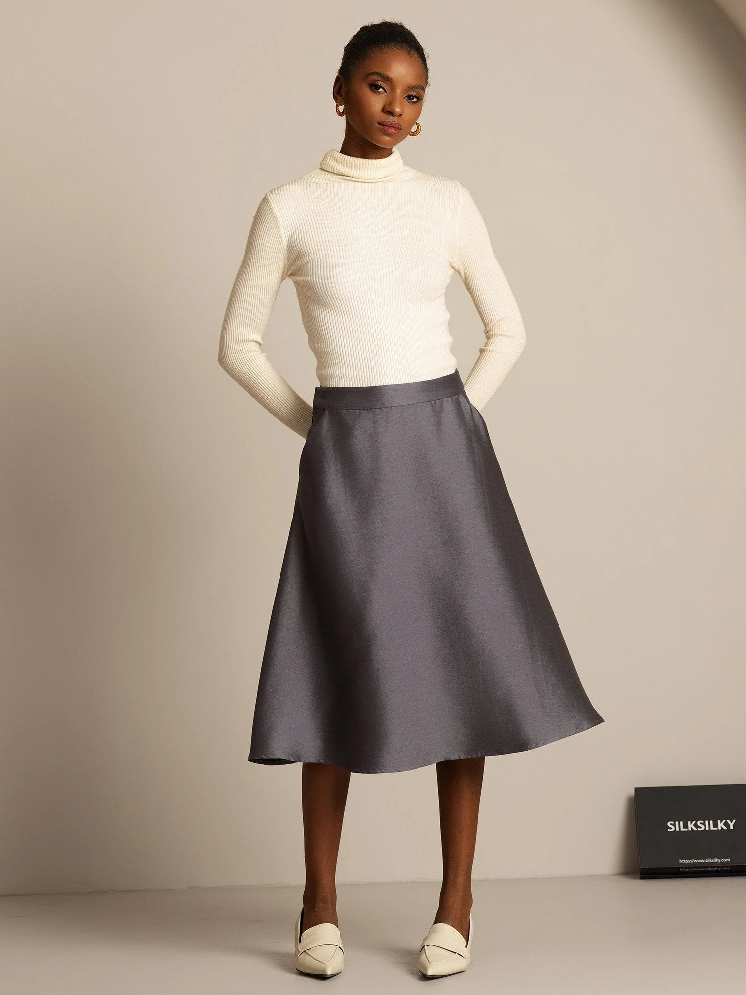 32Momme Silk-Wool Blend  A Line Midi Skirt with Zipper Deign - Image 16