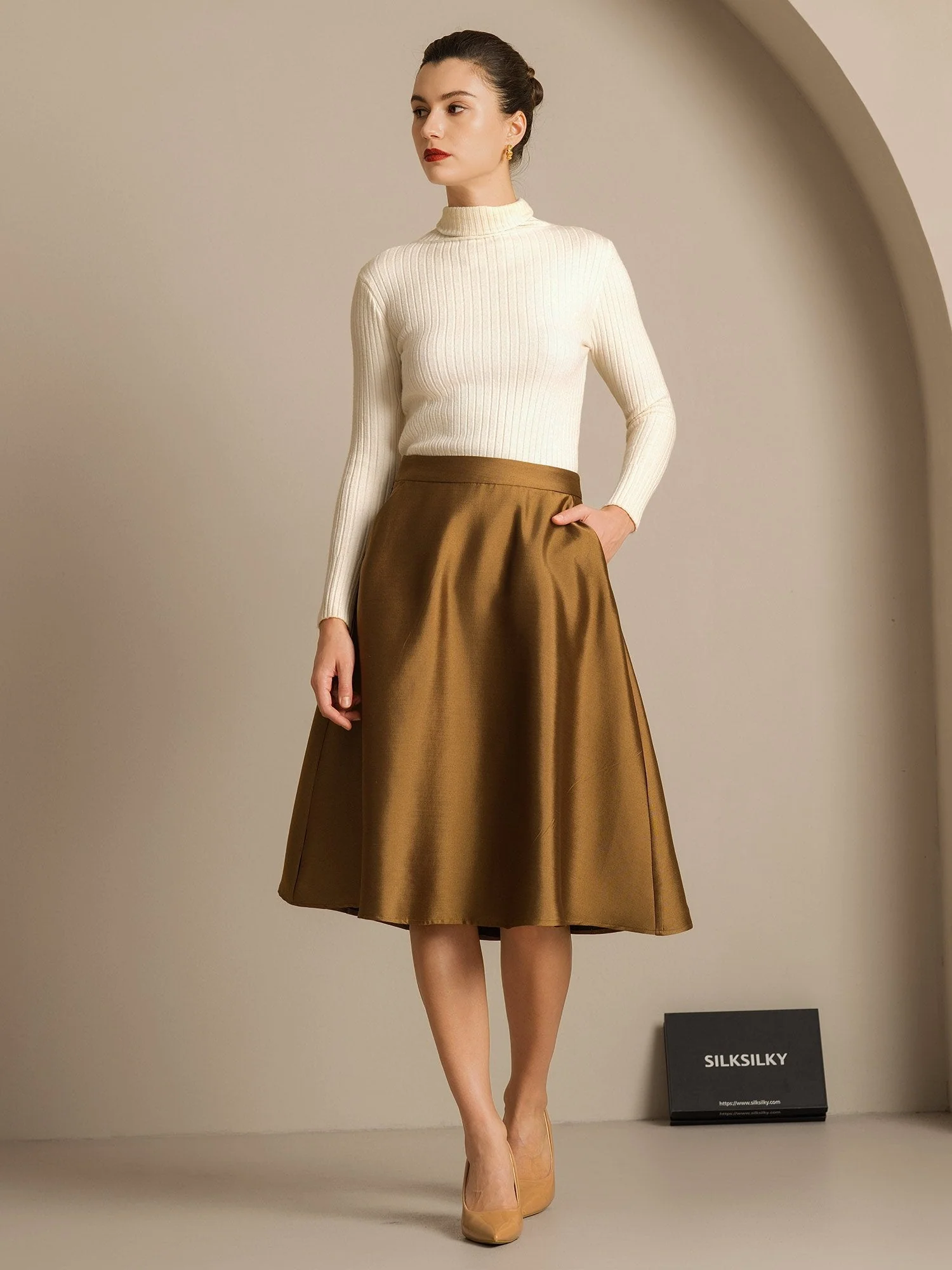 32Momme Silk-Wool Blend  A Line Midi Skirt with Zipper Deign - Image 21