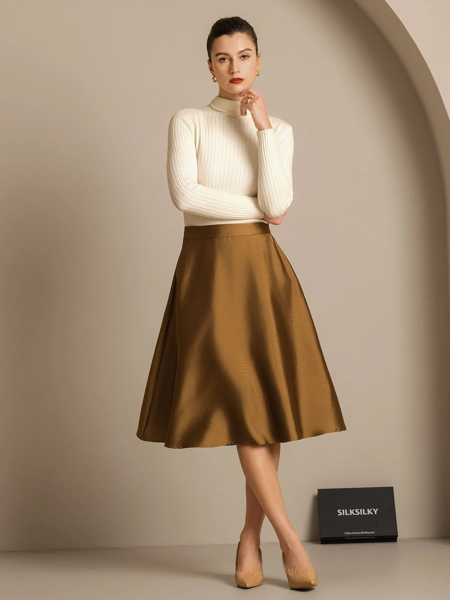 32Momme Silk-Wool Blend  A Line Midi Skirt with Zipper Deign - Image 22