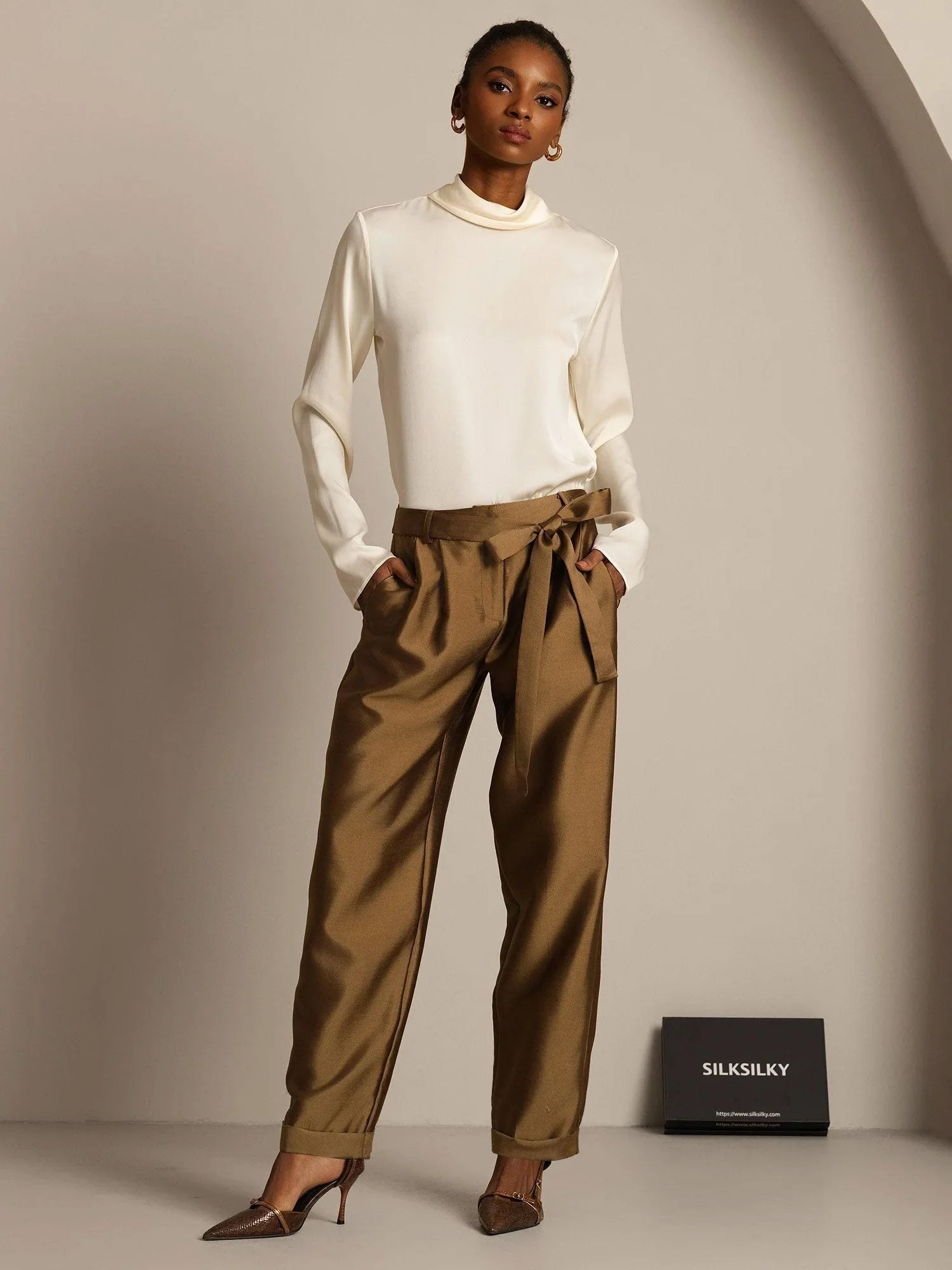 32Momme Silk-Wool Blend High Waist Tapered Cropped Women's Pants with Tie Waist Design - Image 18