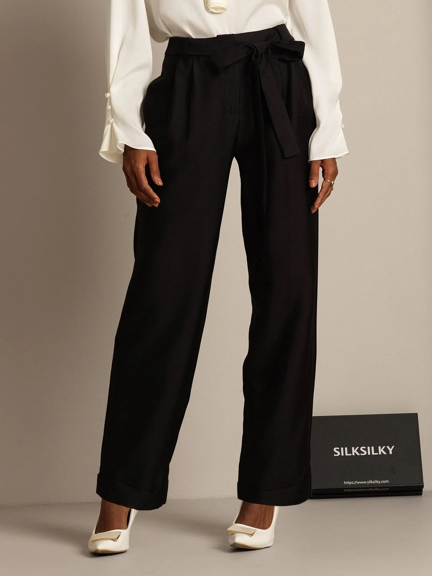 32Momme Silk-Wool Blend High Waist Tapered Cropped Women's Pants with Tie Waist Design - Image 9