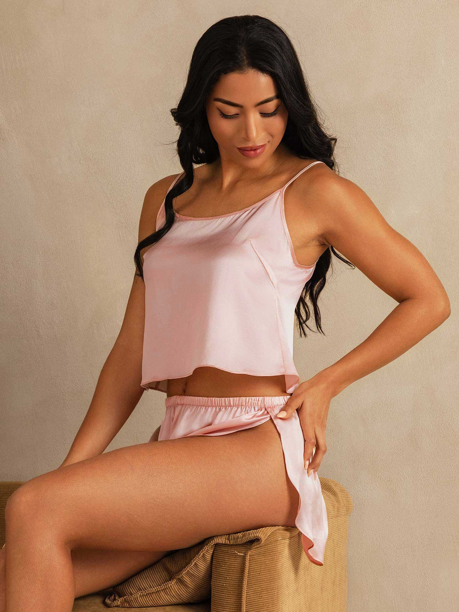 Pure Silk Spaghetti Strap Round Neck Above the Knee Camisole Set with Split Design - Image 13
